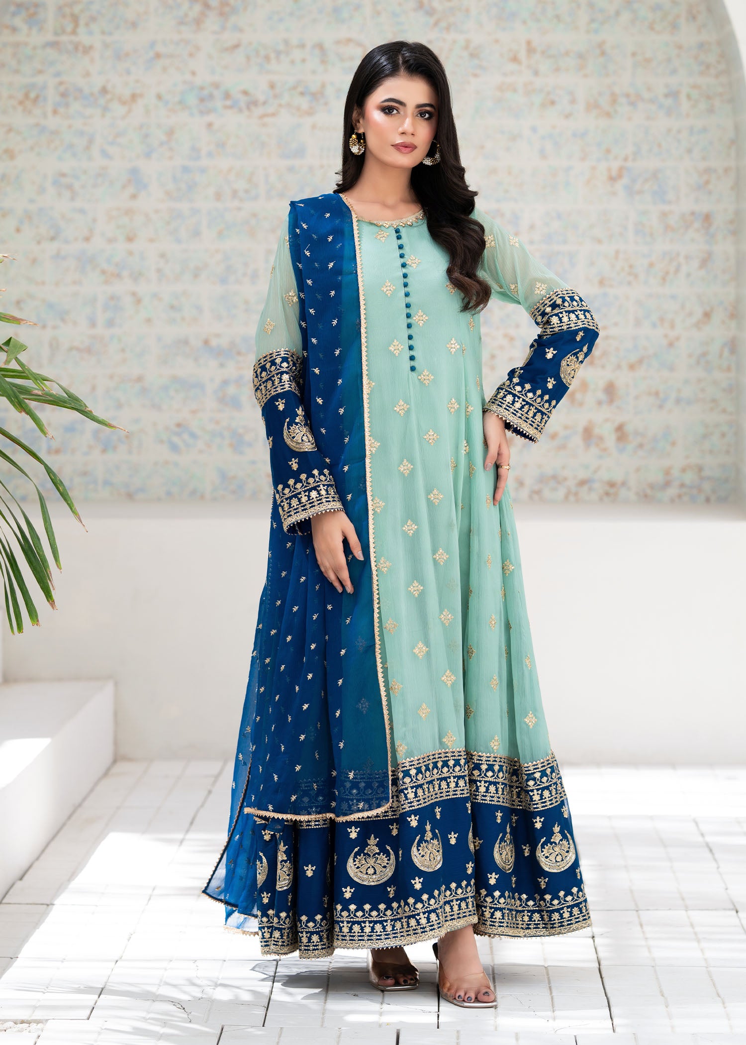 chiffon Anarkali in Aquamarine