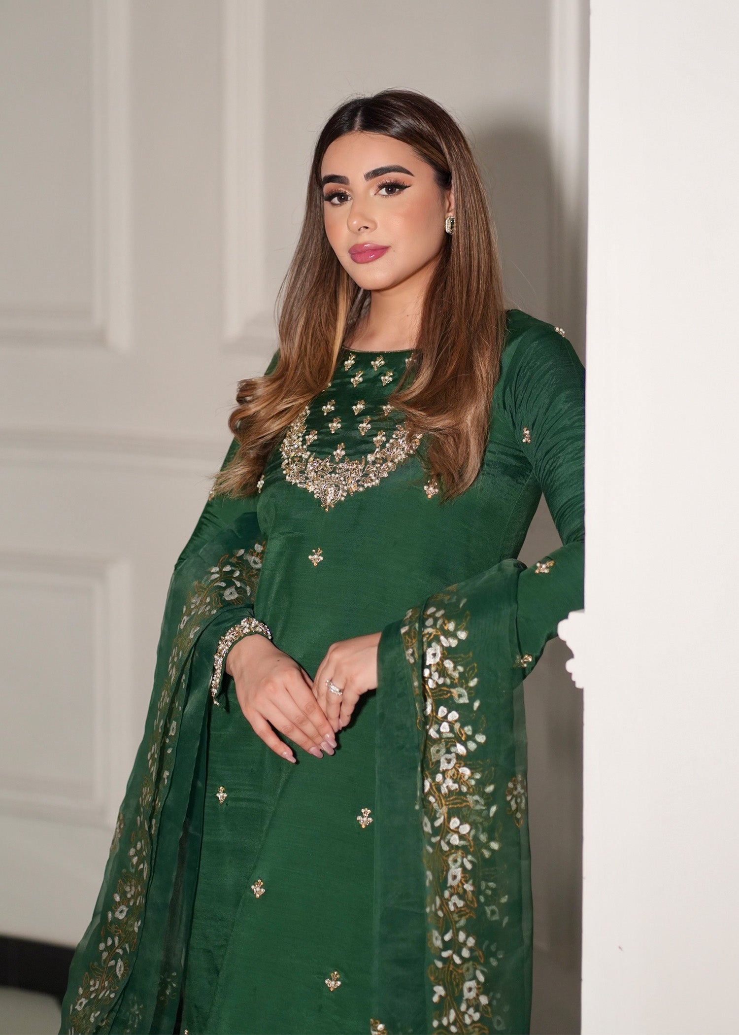 raw silk Kurta Set in Bottle green