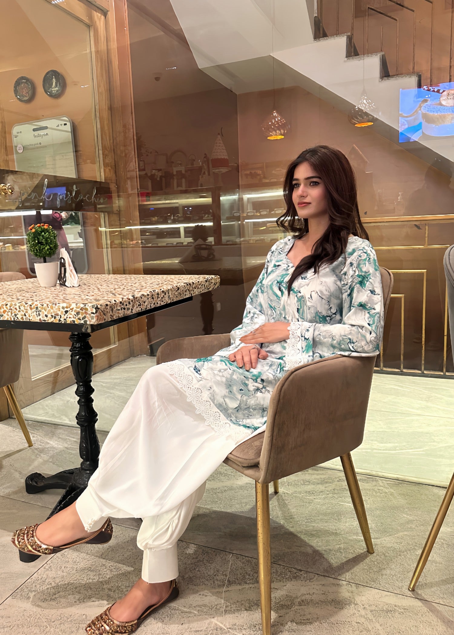 arabic lawn Kurta Set in Bottle green, white, sea green