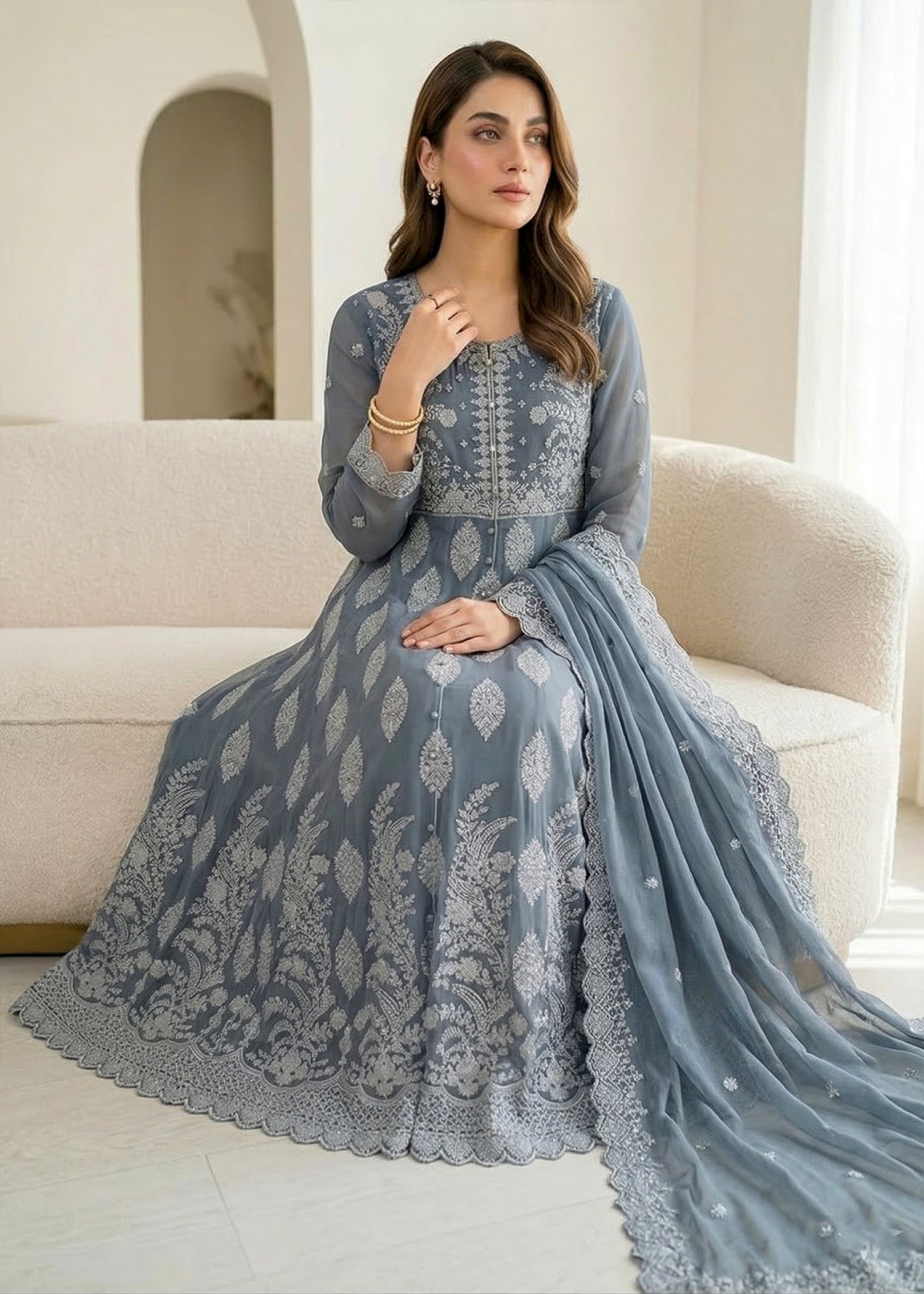 chiffon Pishwas in Pastel grey