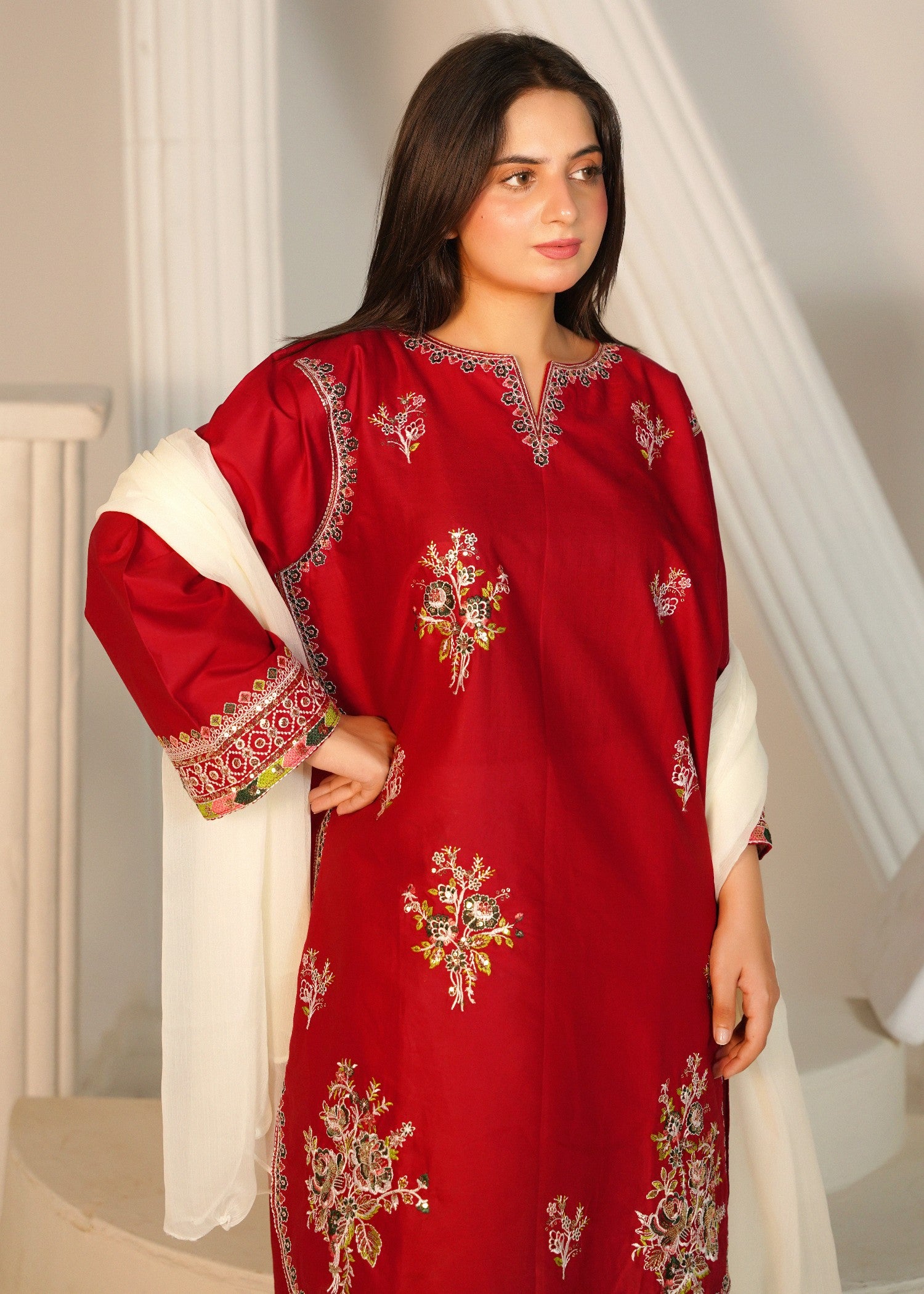 lawn cotton Kurta Set in Off-white, maroon