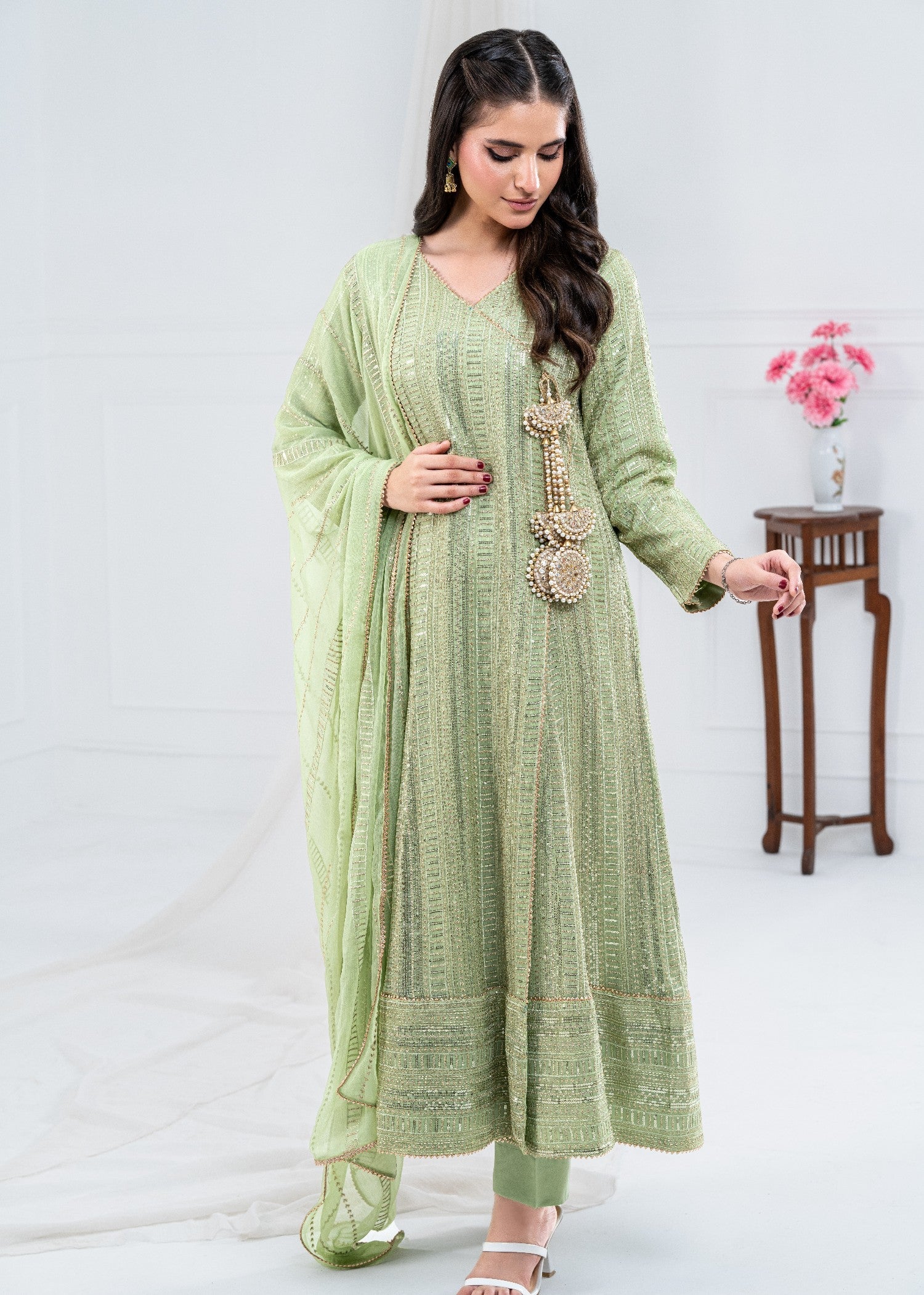 chiffon Angrakha in Pistachio green