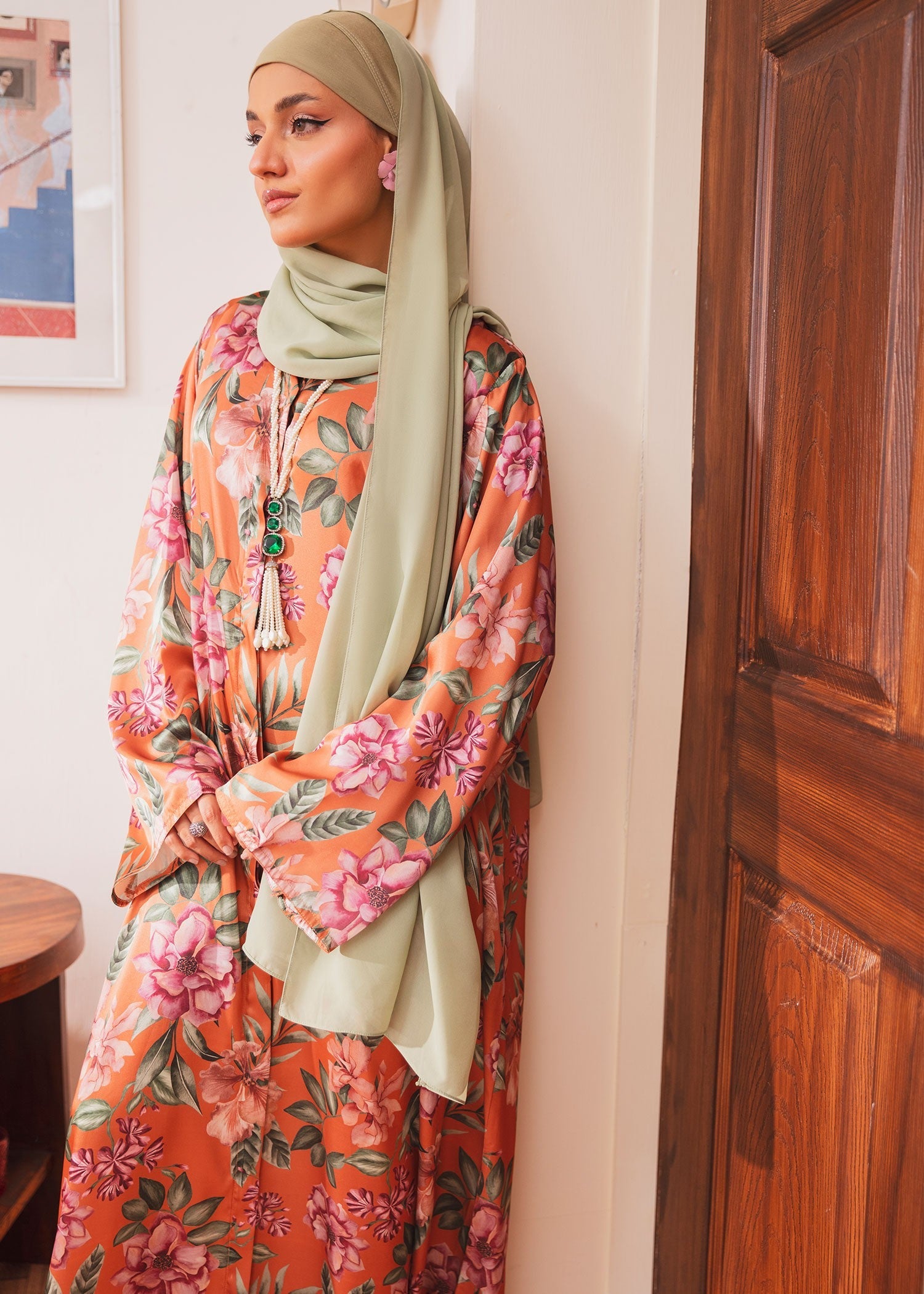 silk Abaya in Rust orange