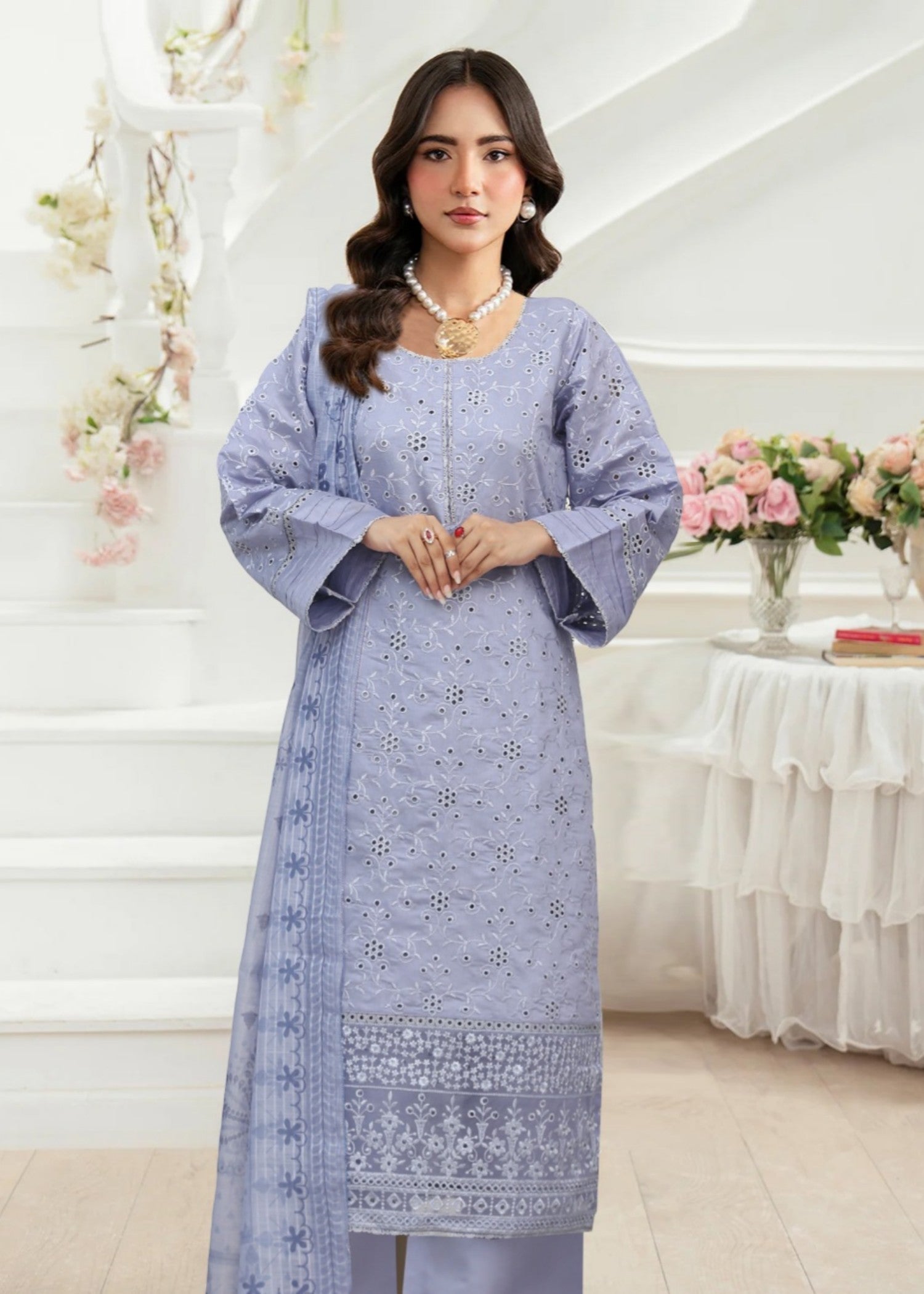 cotton net Kurta Set in Duck egg grey