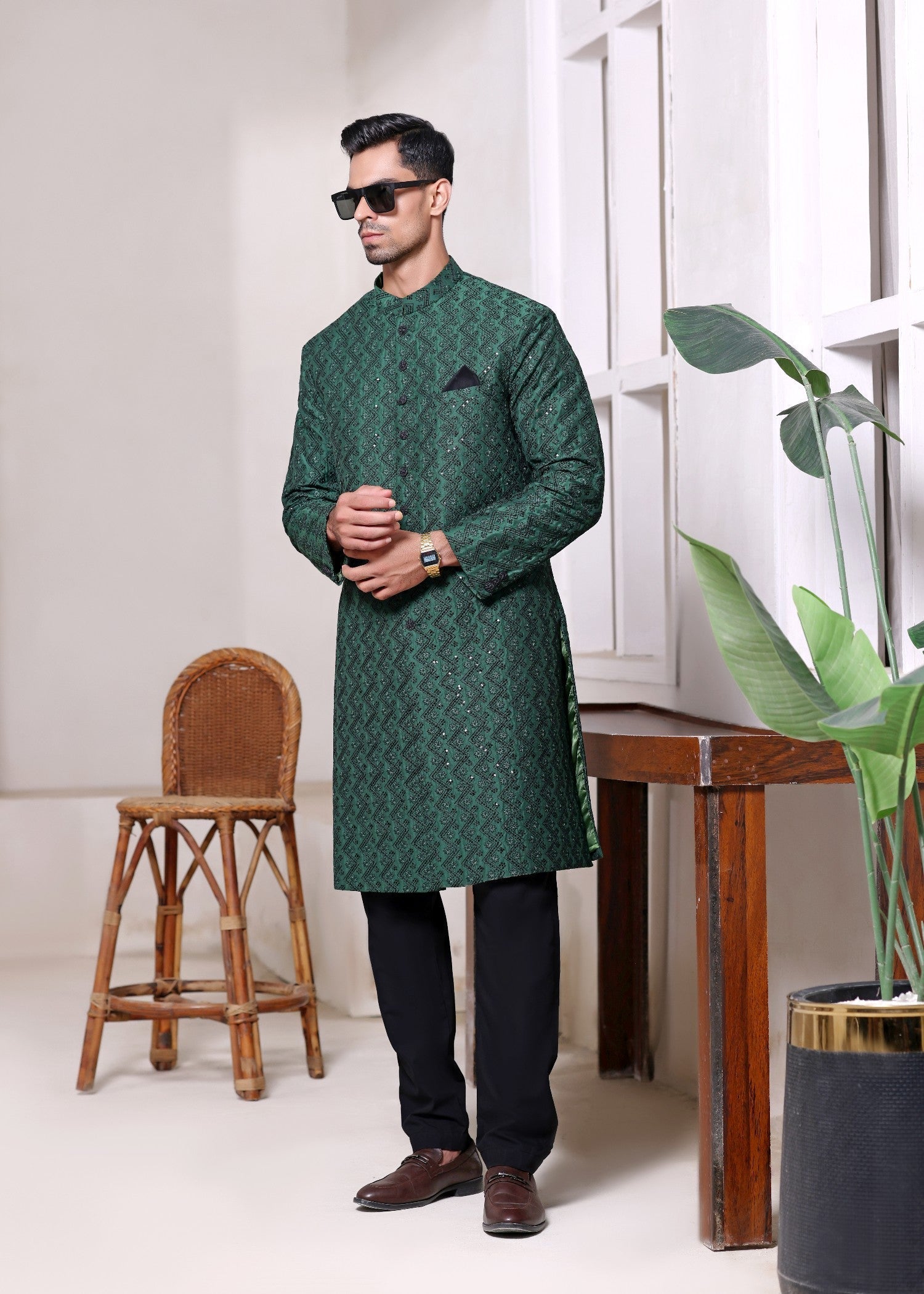 raw silk Sherwani in Green