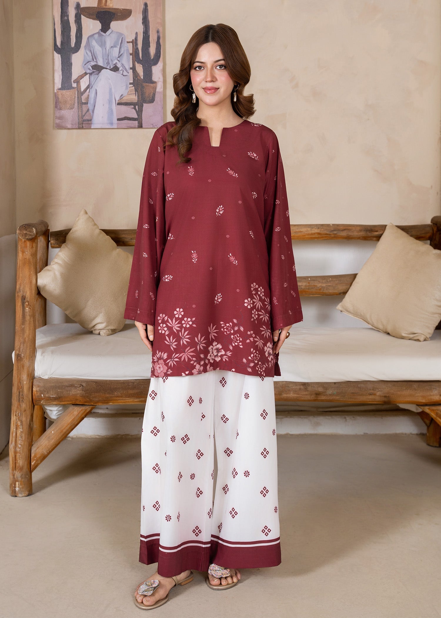 poly lawn Kurta Set in Blood red