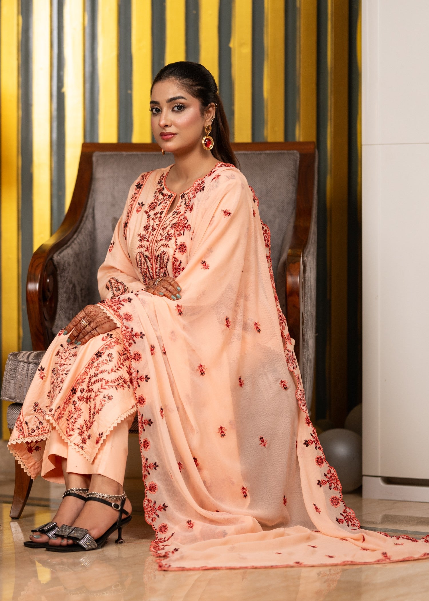 lawn Kurta Set in Peach orange