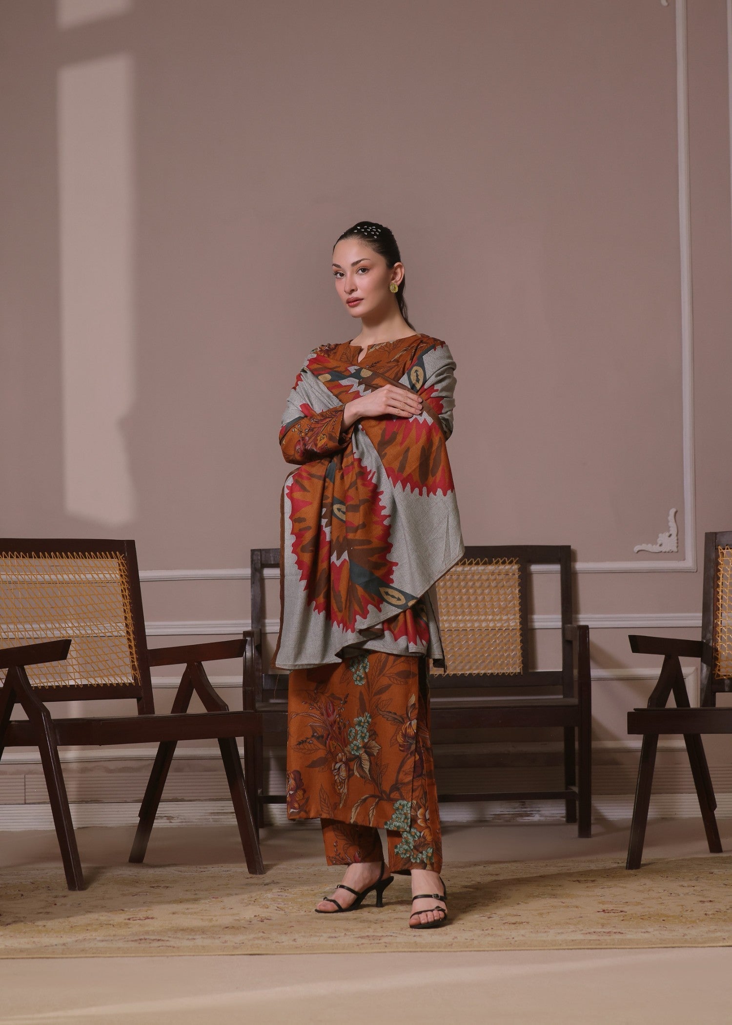 twill khaddar Kurta Set in Dark coral