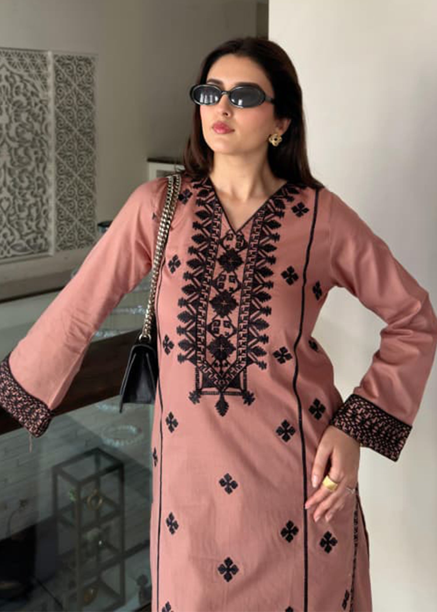 cotton Kurta Set in Brown
