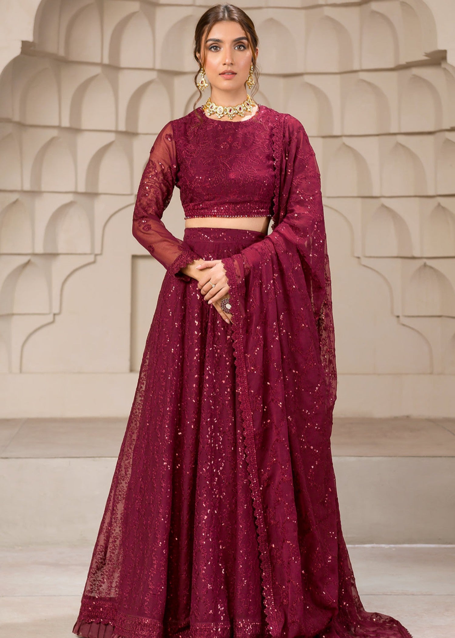 chiffon Lehenga in Cherry red