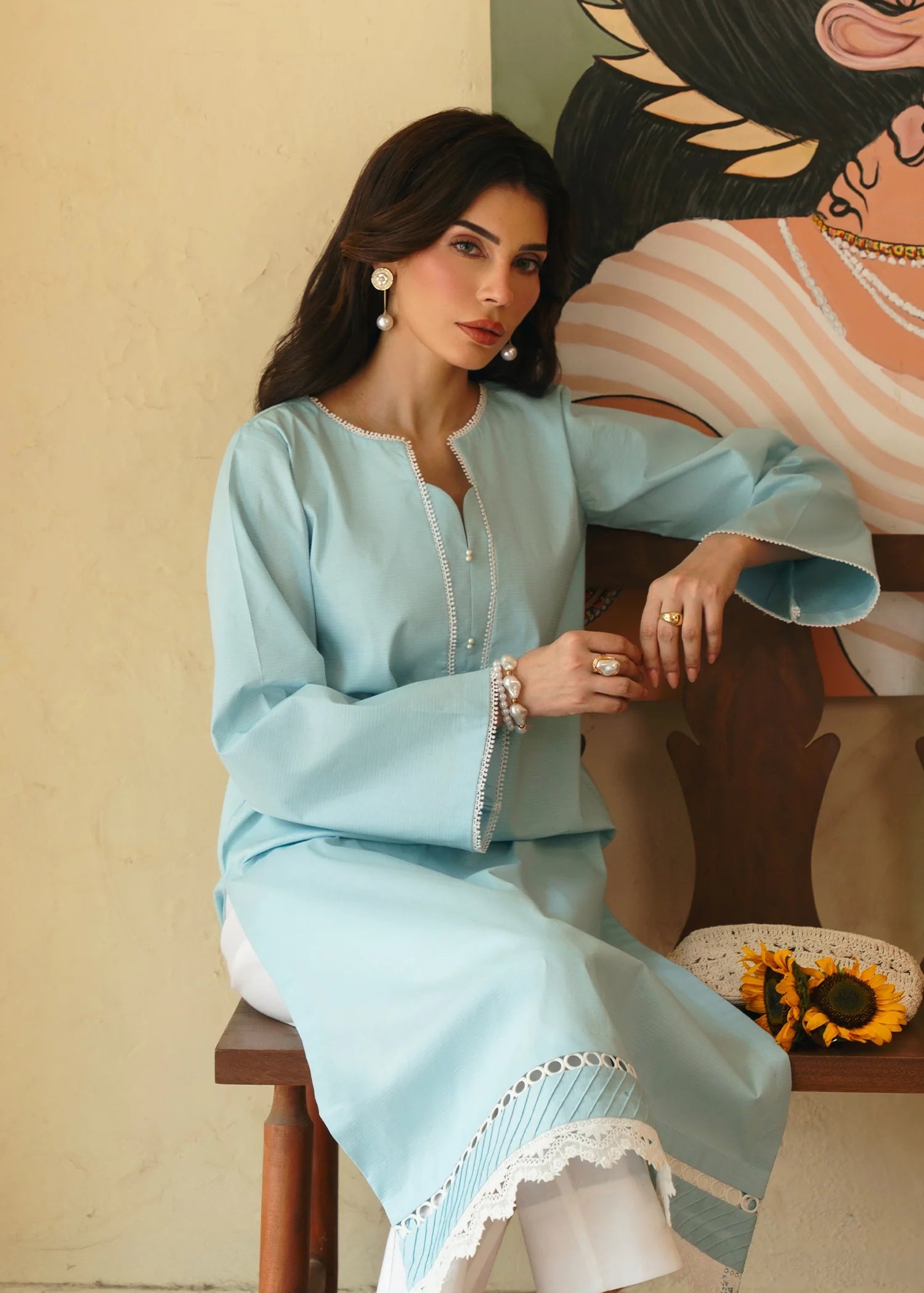 ribbed lawn Kurta Set in Sky blue