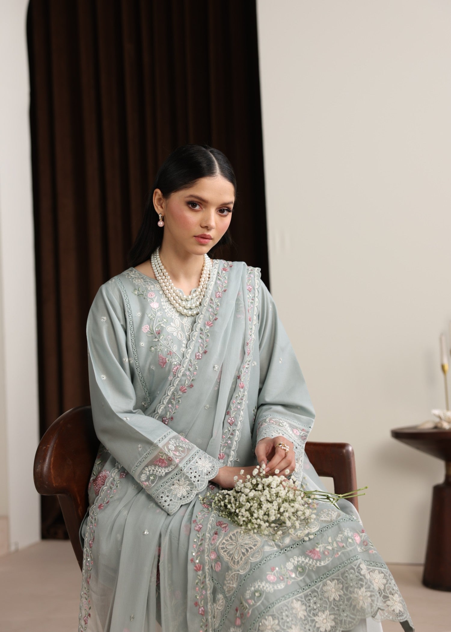 lawn Kurta Set in Ash grey