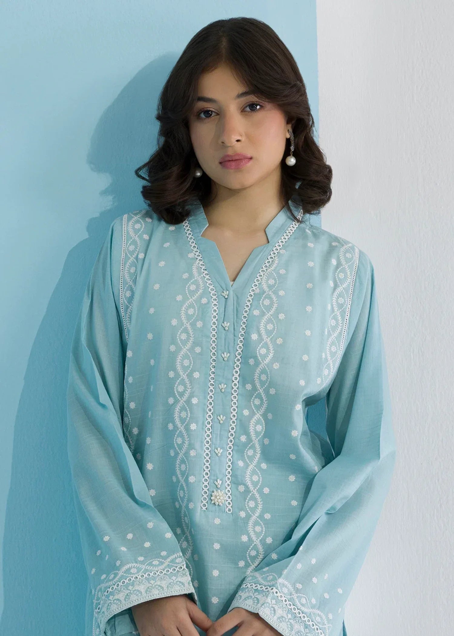 acrylic wool Kurta Set in Light blue