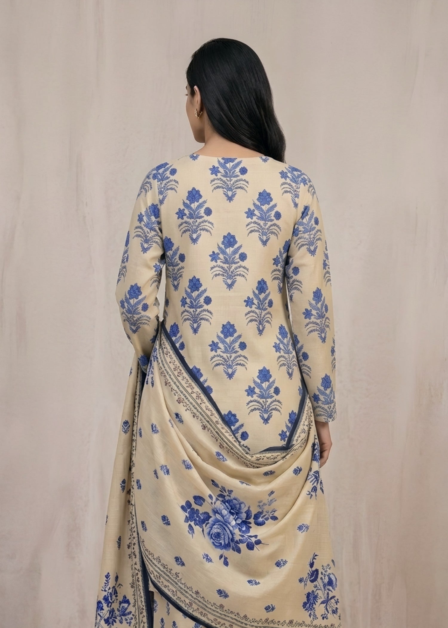 slub linen Unstitched in Cream, royal blue