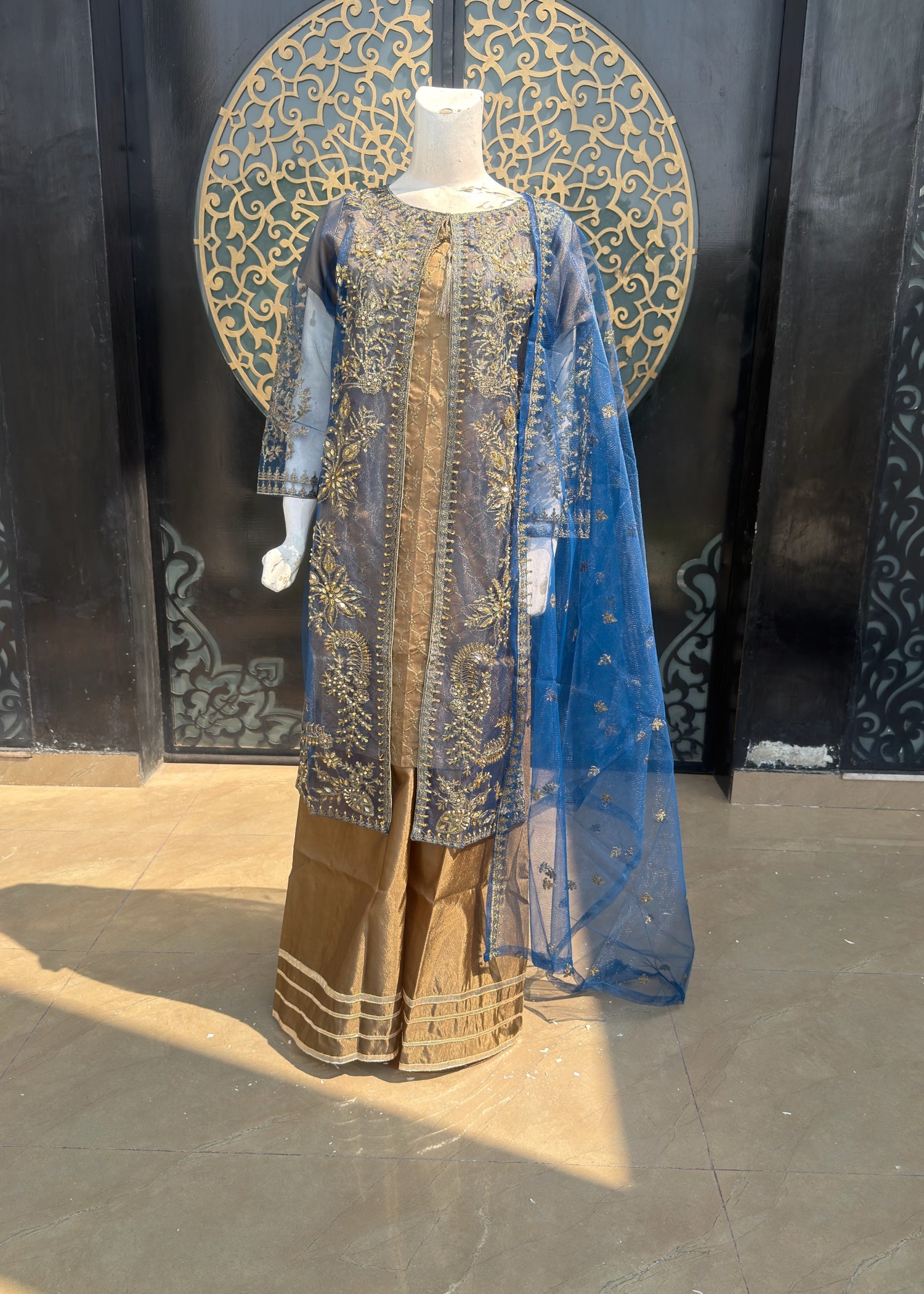 silk Gown in Blue, camel brown