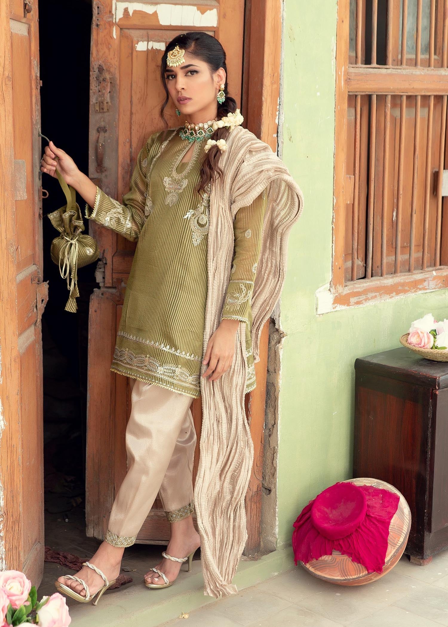 tissue Kurta Set in Sage green