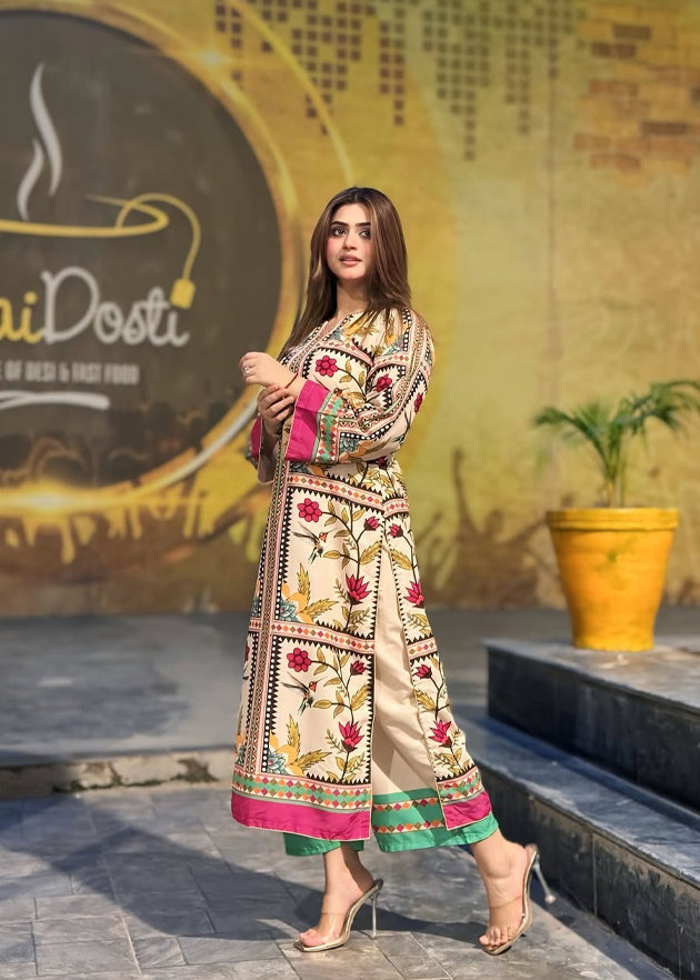 blended khaddar Kurta Set in Beige