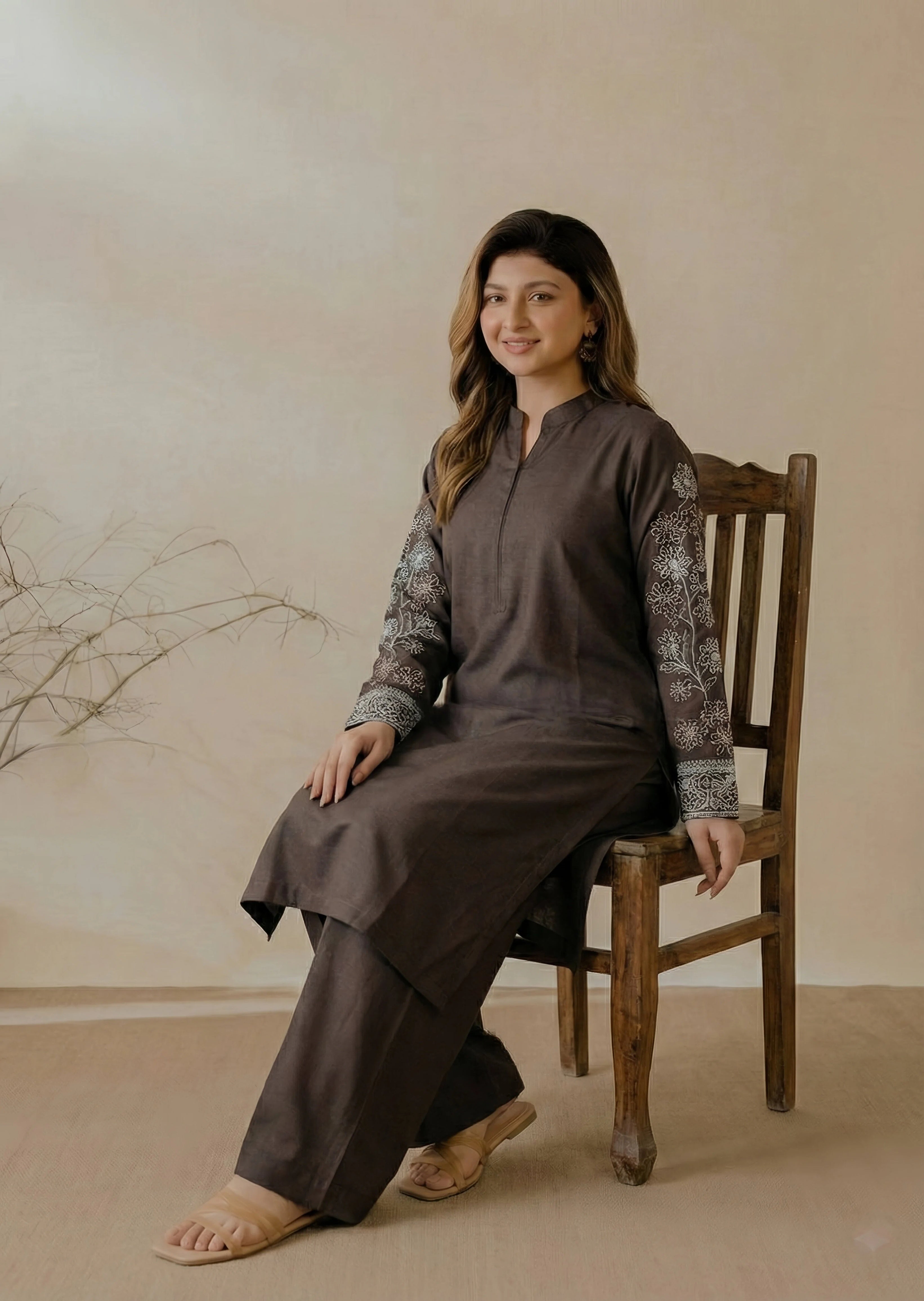 dhanak Kurta Set in Mocha brown