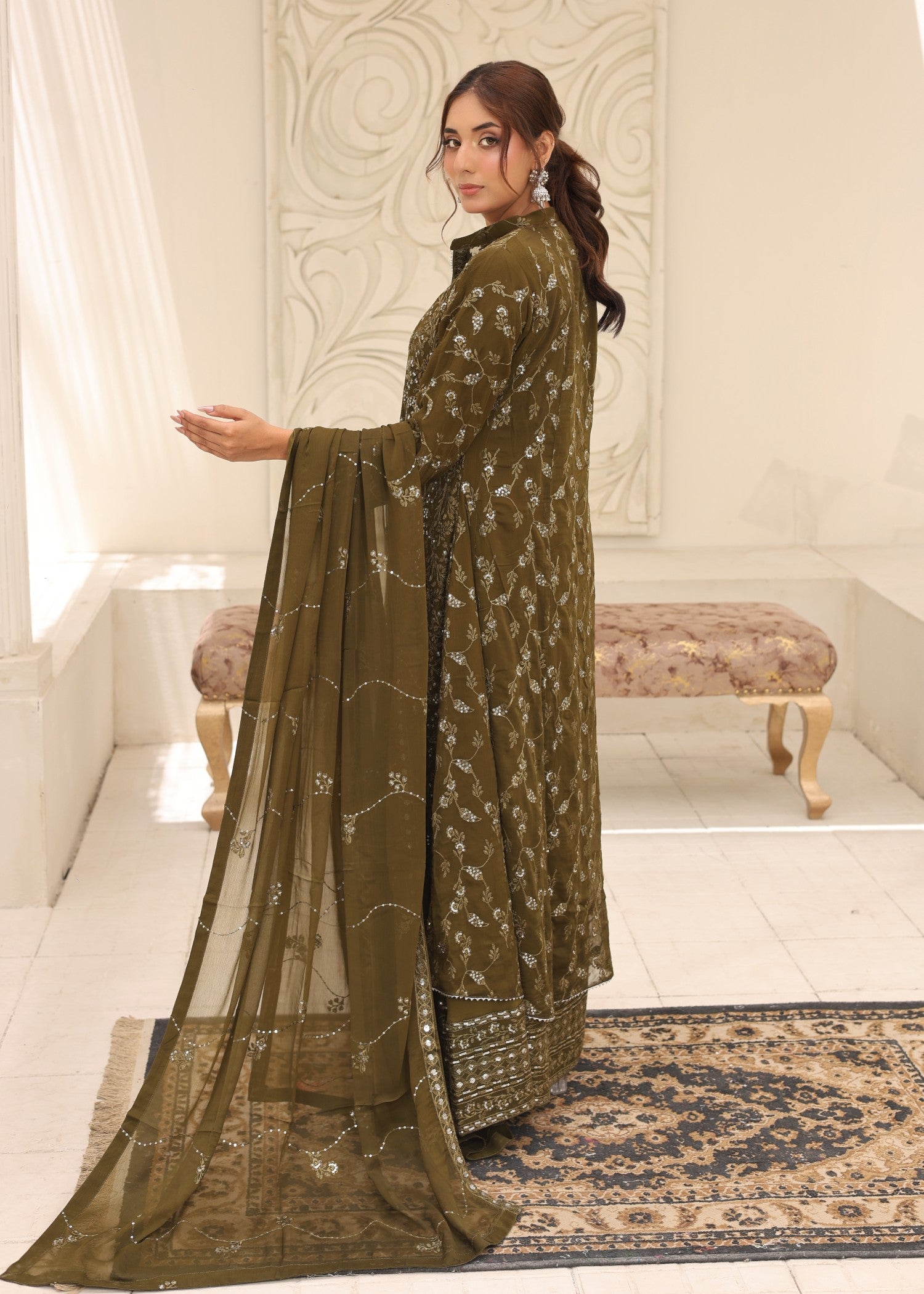 bemberg crinkle chiffon Maxi in Olive green