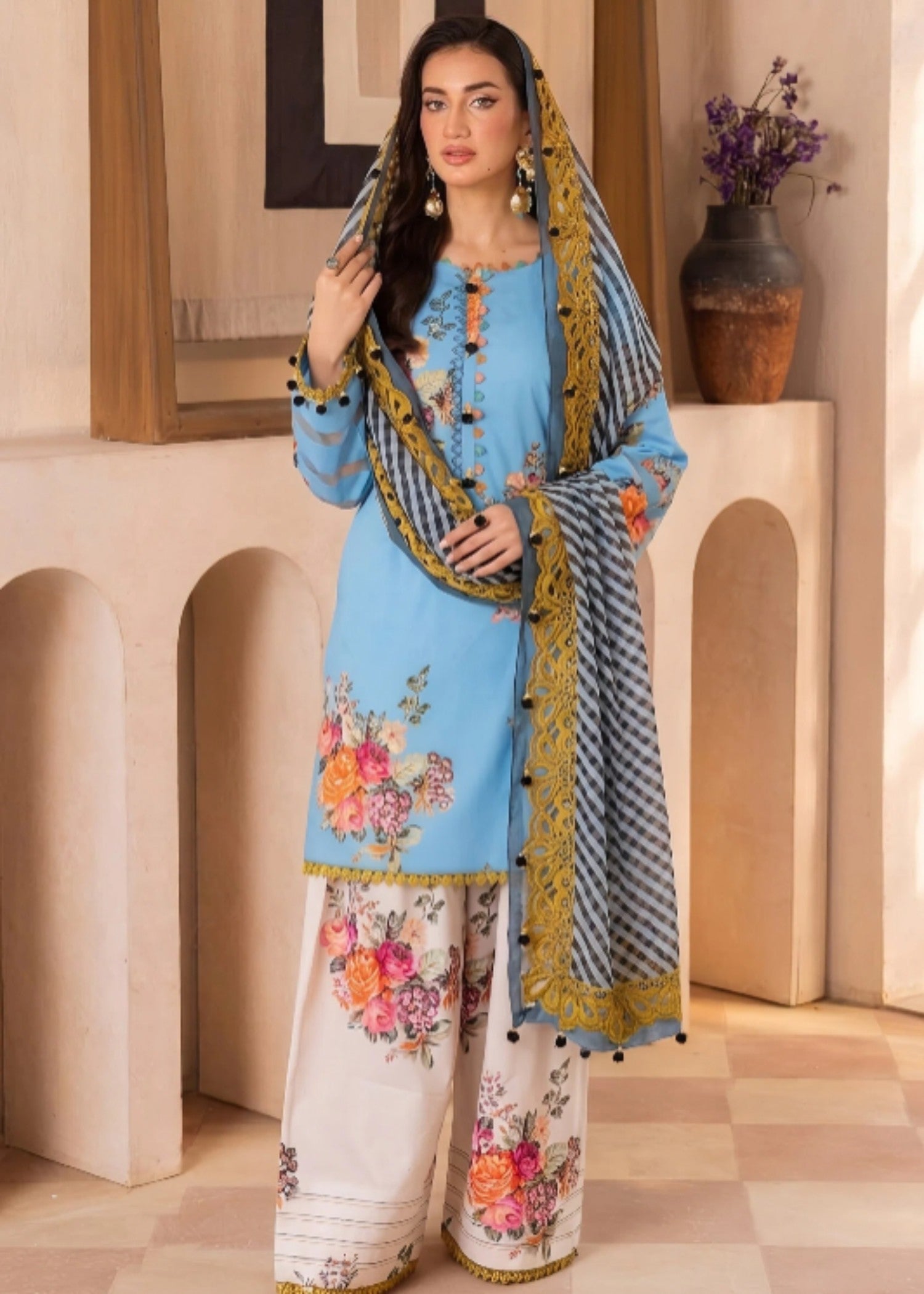 poly lawn Kurta Set in Sky blue, white