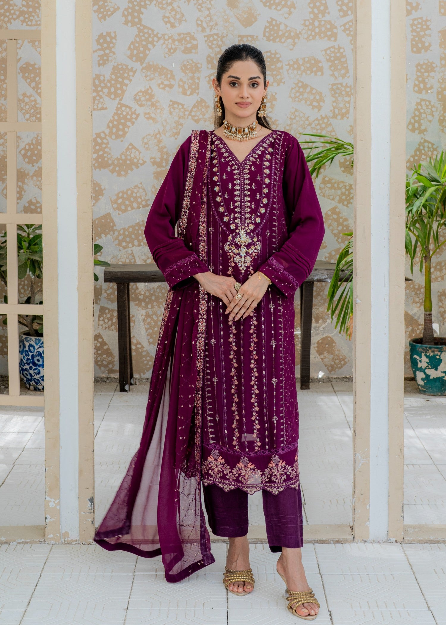 chiffon Kurta Set in Deep purple