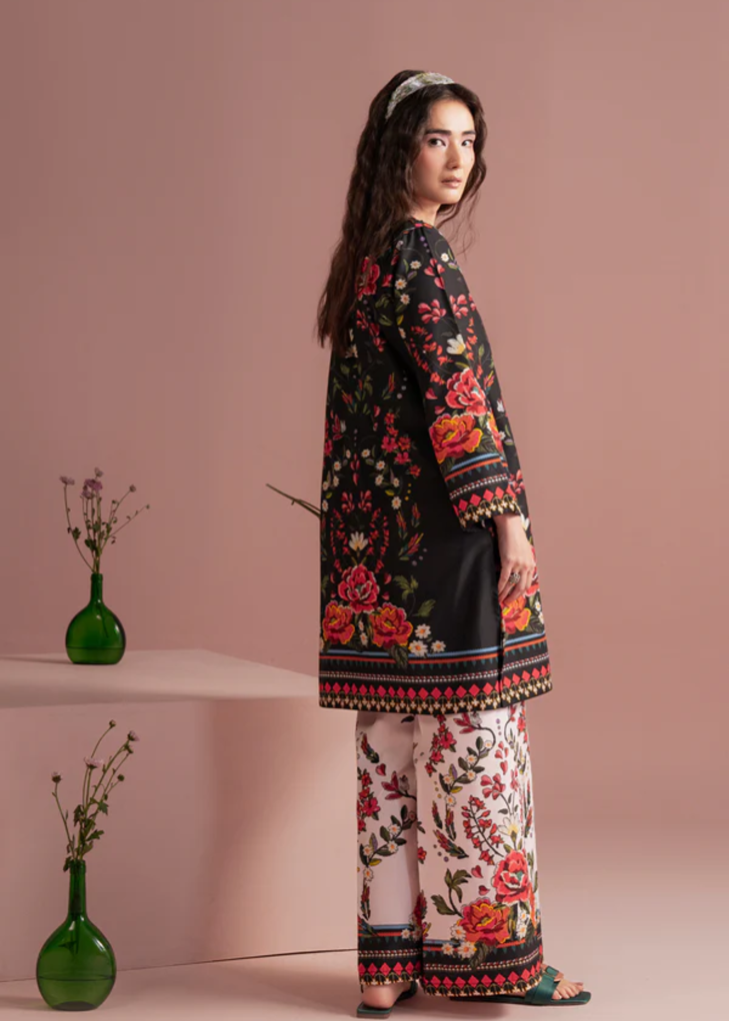 silk finish lawn Kurta Set in Ivory, black