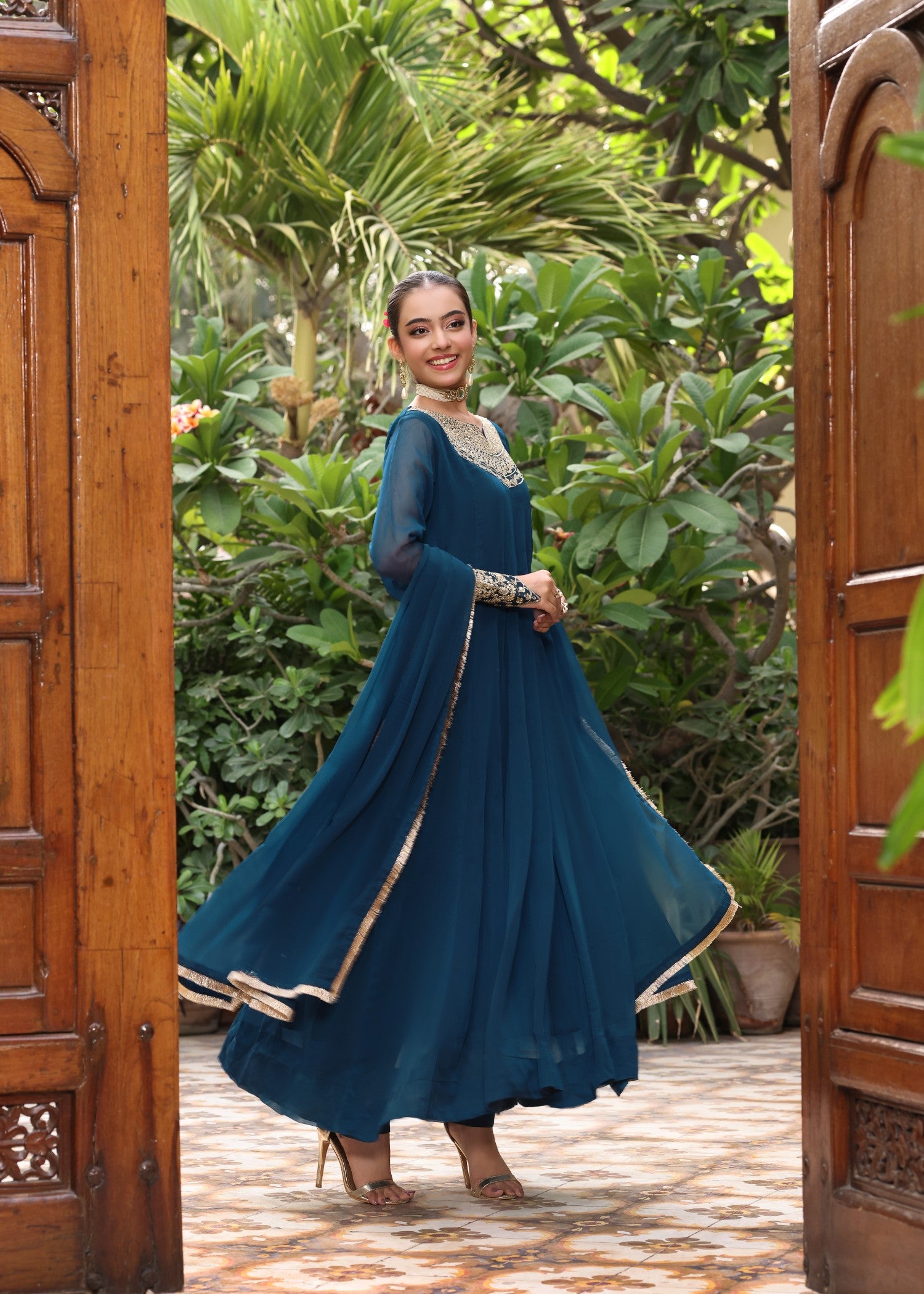 chiffon Pishwas in Teal