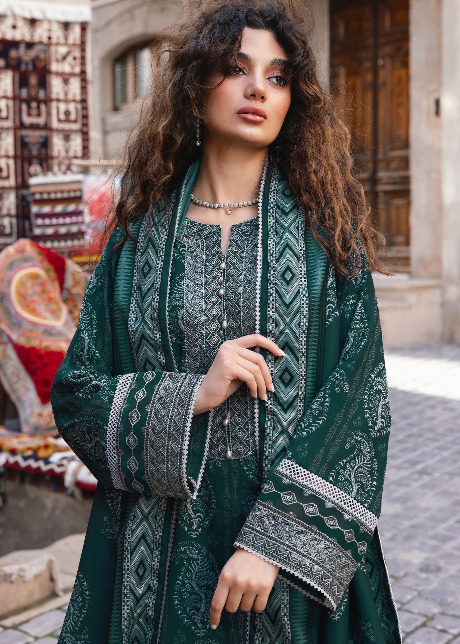 khaddar Kurta Set in Forest green