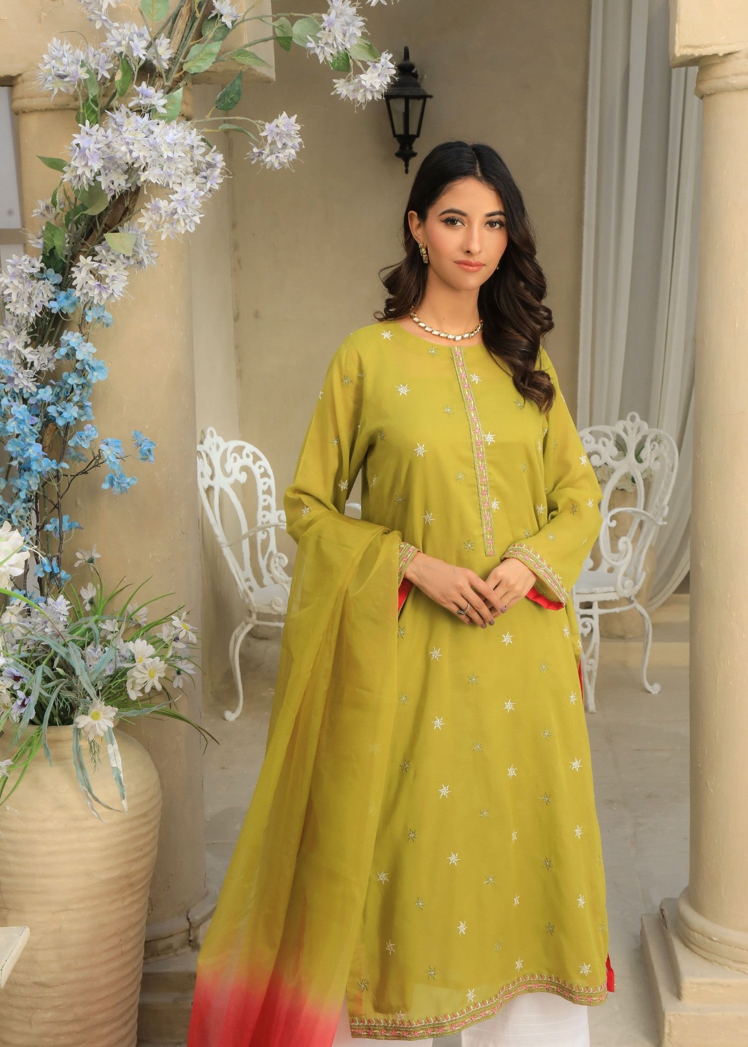 voile Kurta Set in Lime green