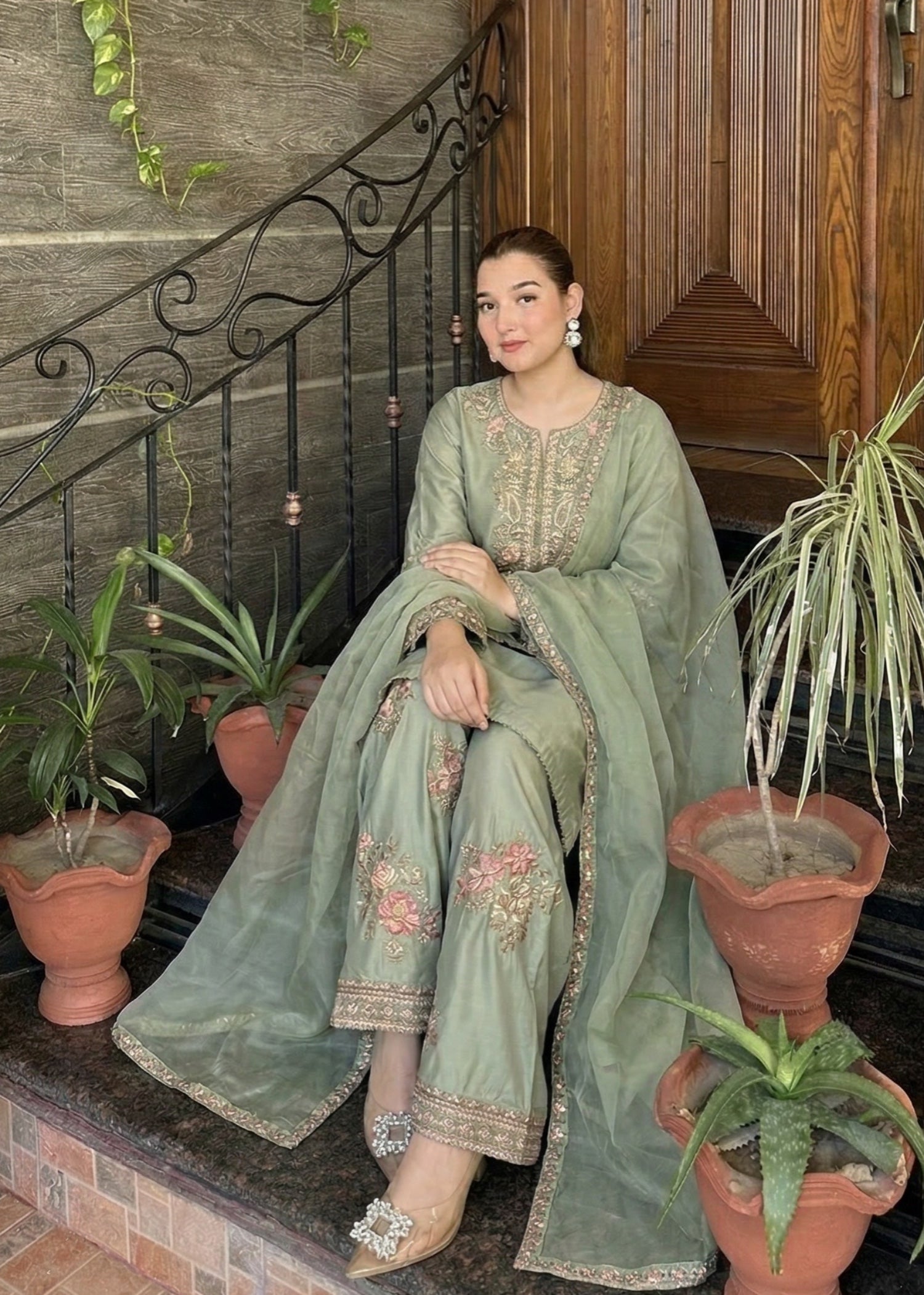 silk Kurta Set in Pastel green