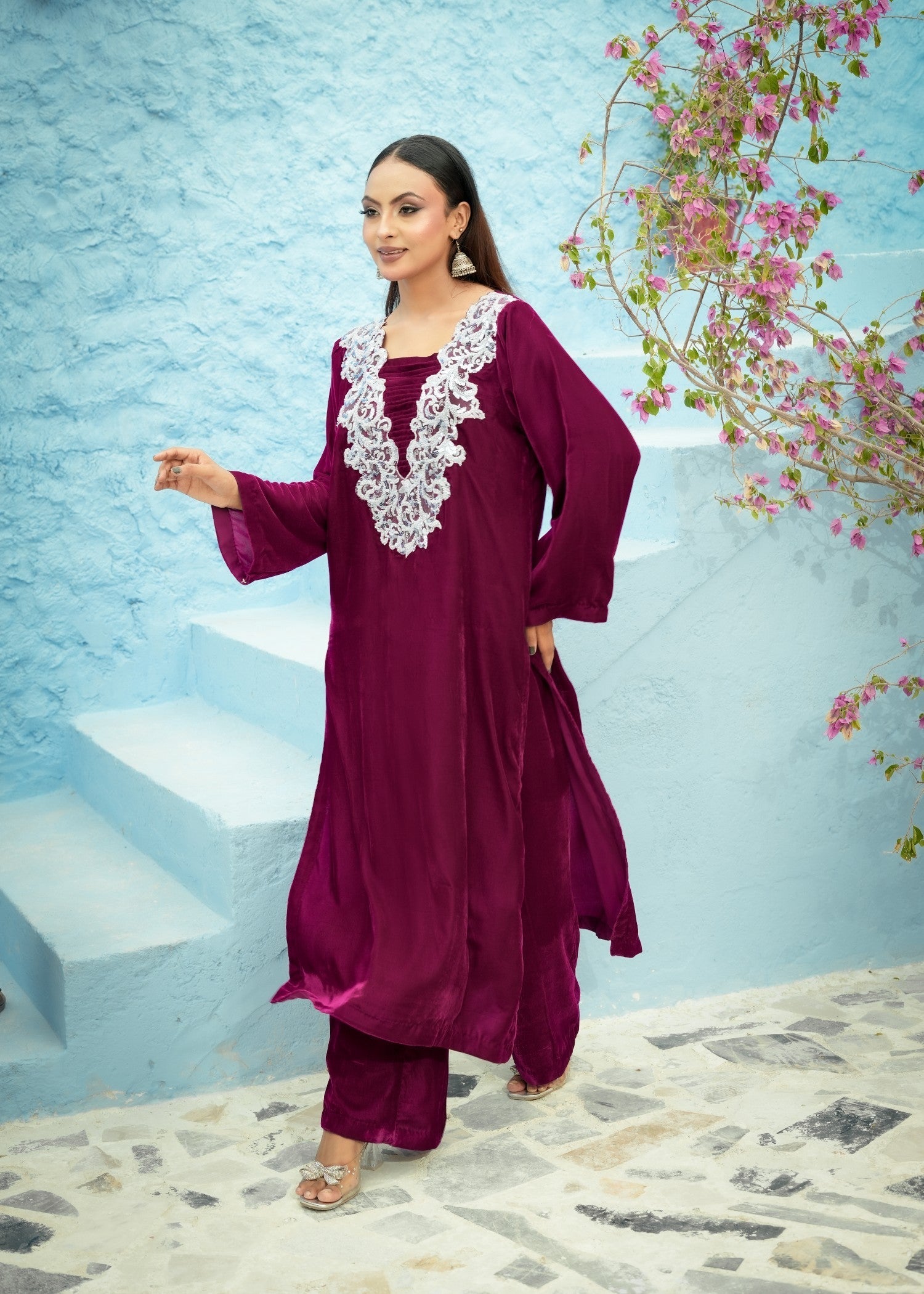 velvet Kurta Set in Plum