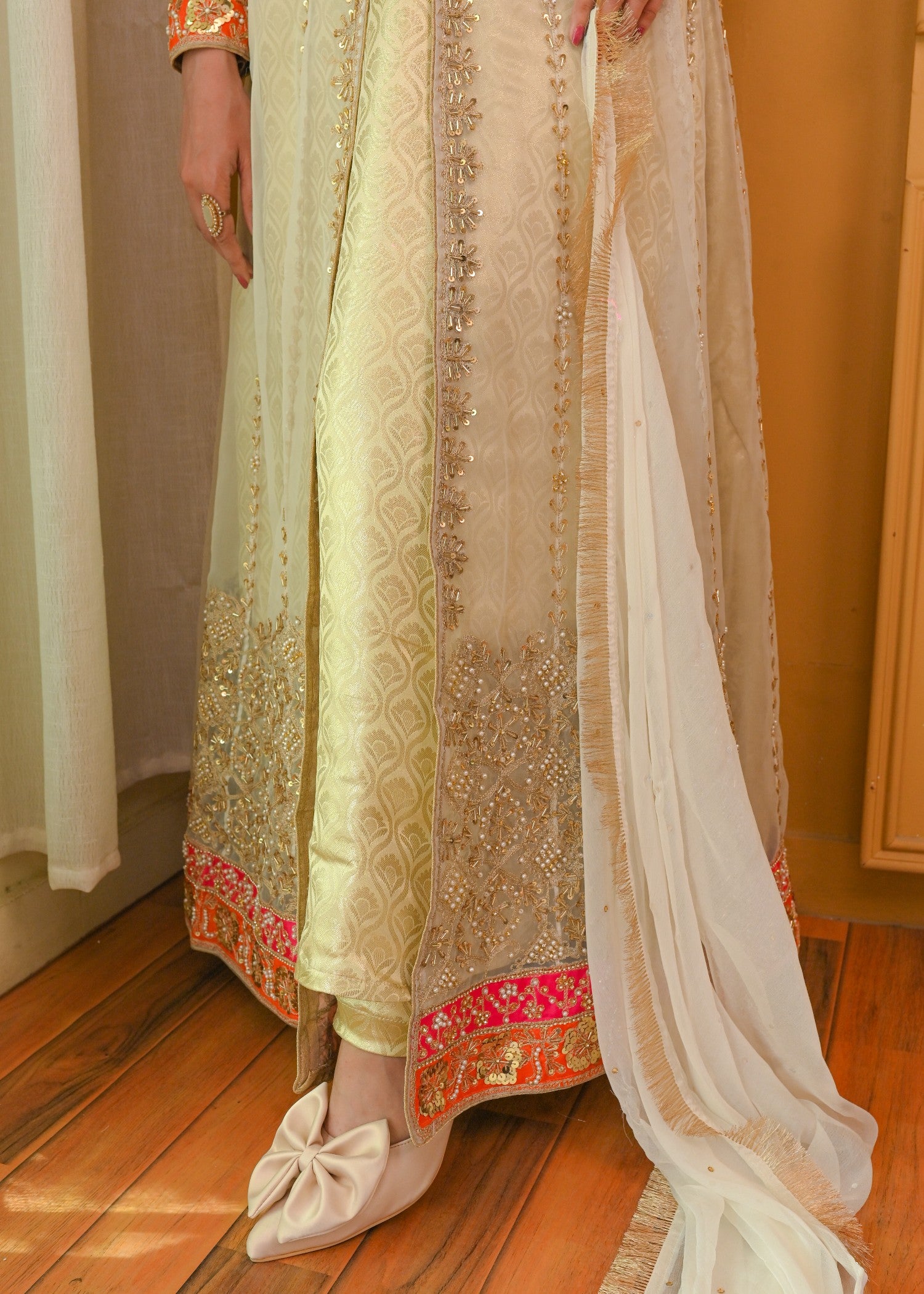 zari embroidered organza Pishwas in Ivory