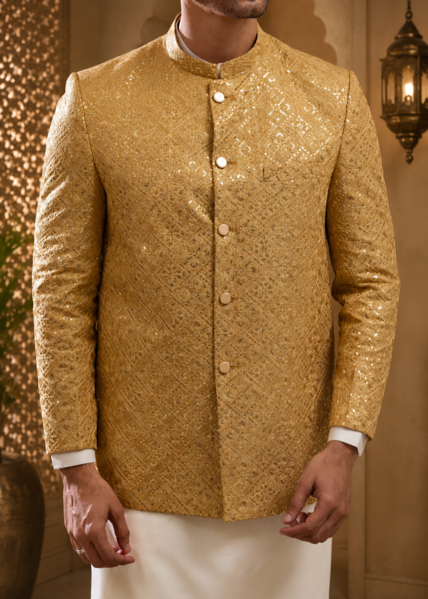 jamawar Prince Coat in Gold