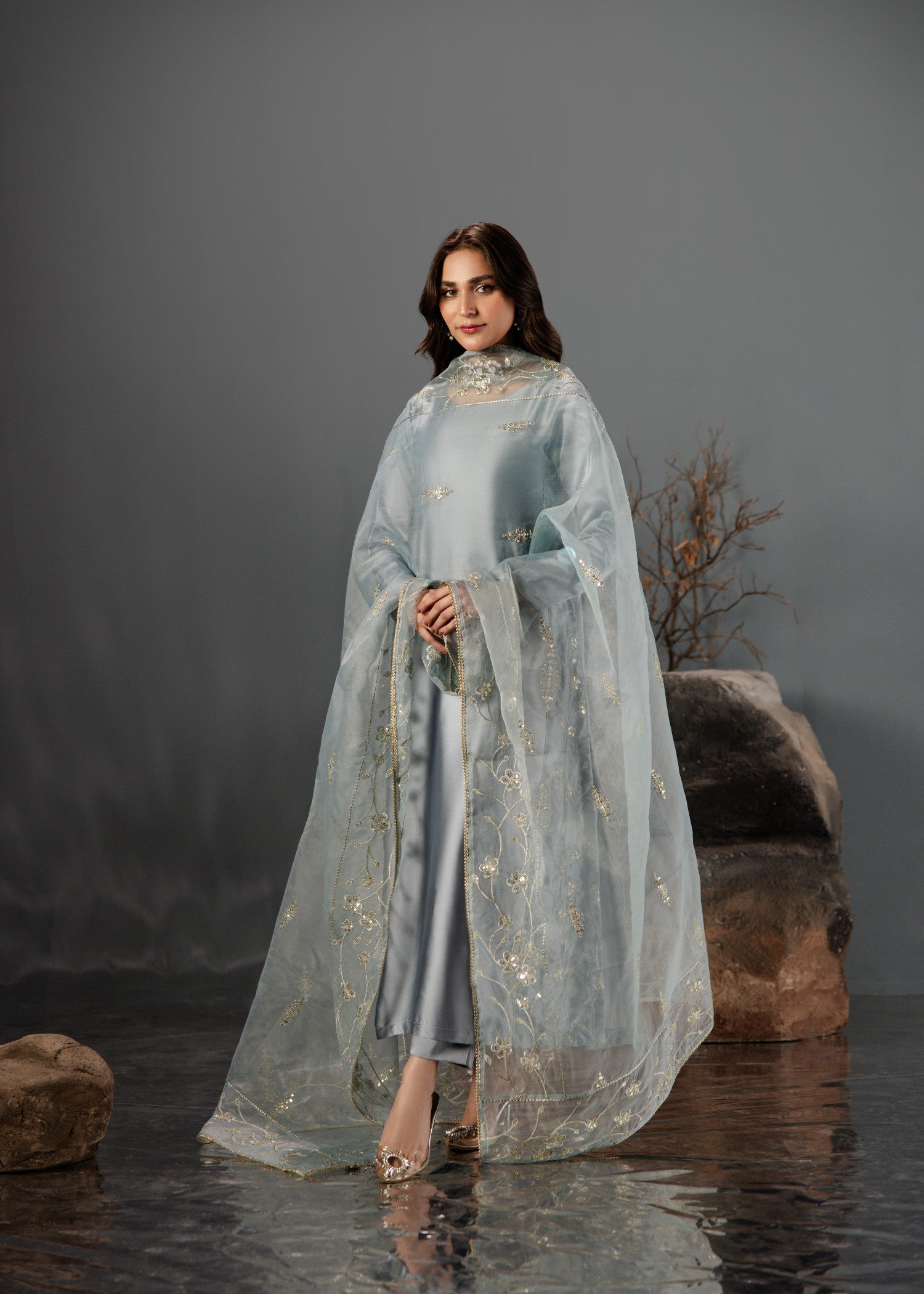 silk Kurta Set in Duck egg grey