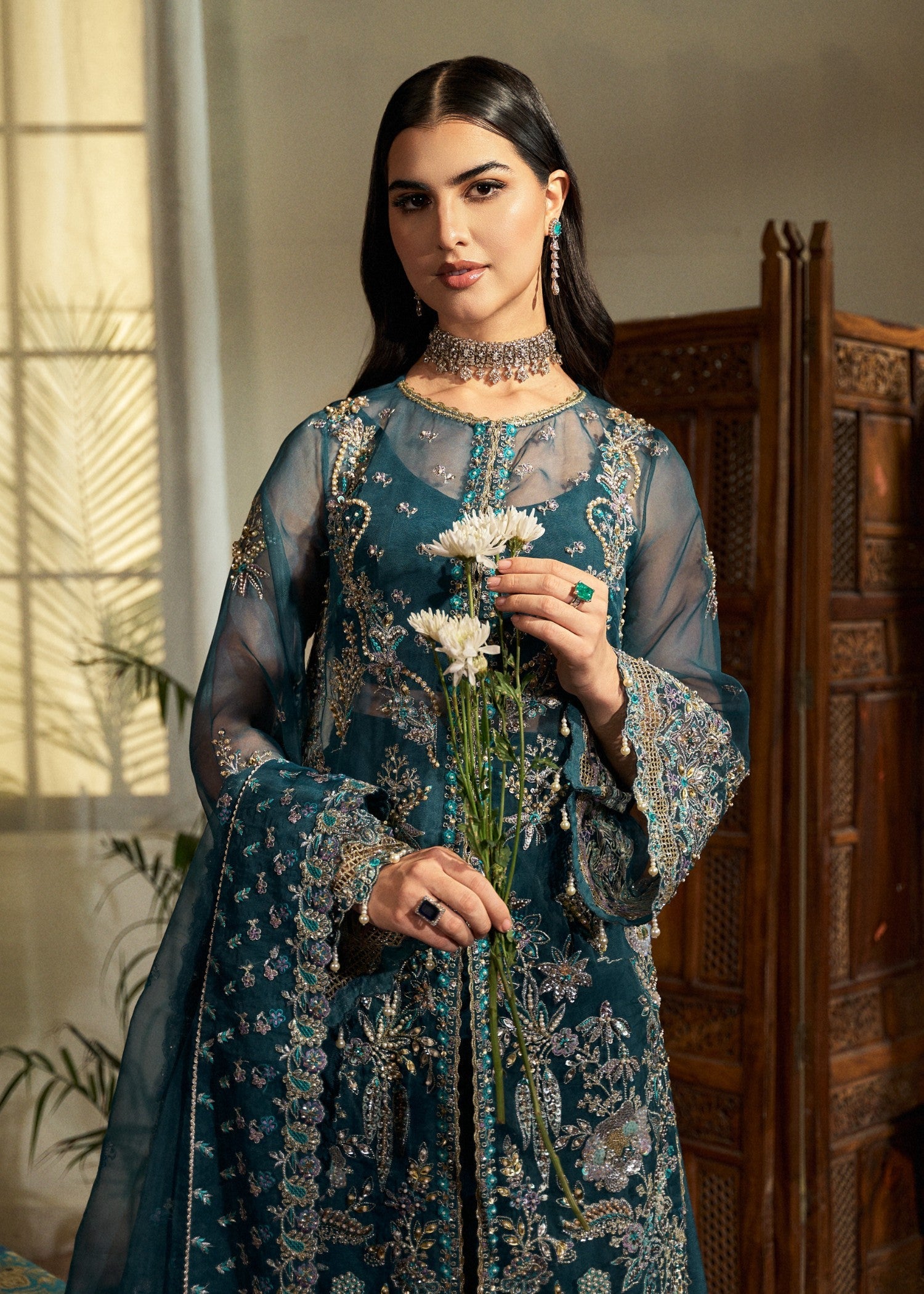 organza Unstitched in Teal