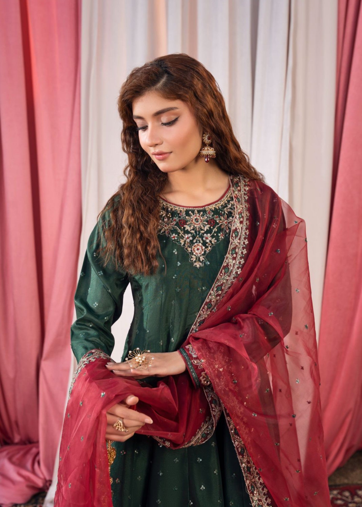 silk Sharara in Bottle green