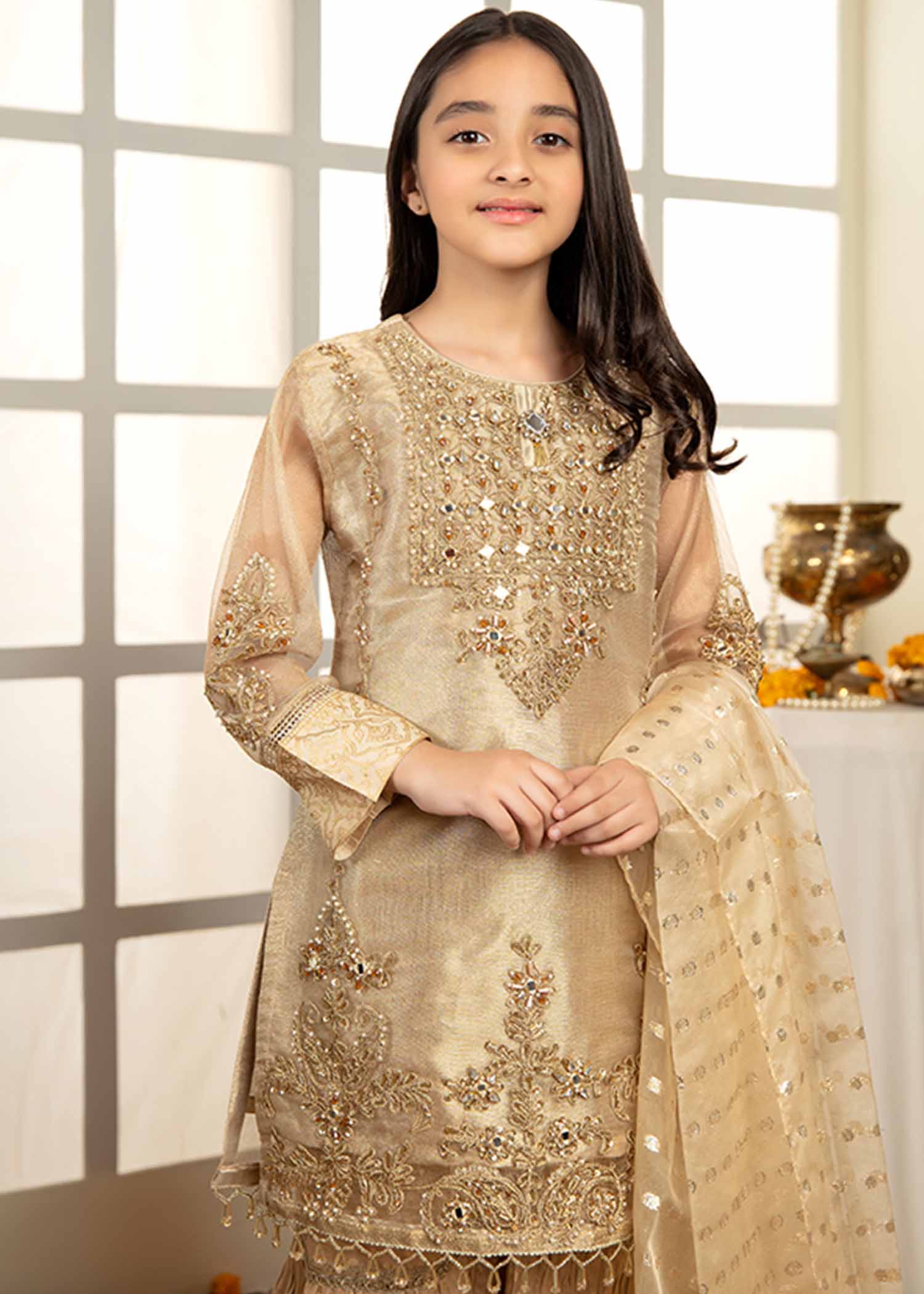 zari net Gharara in Gold