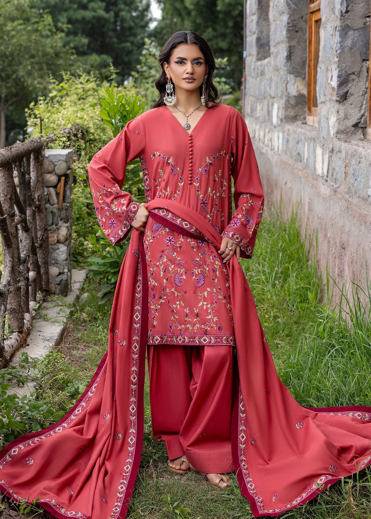 khaddar Kurta Set in Coral red