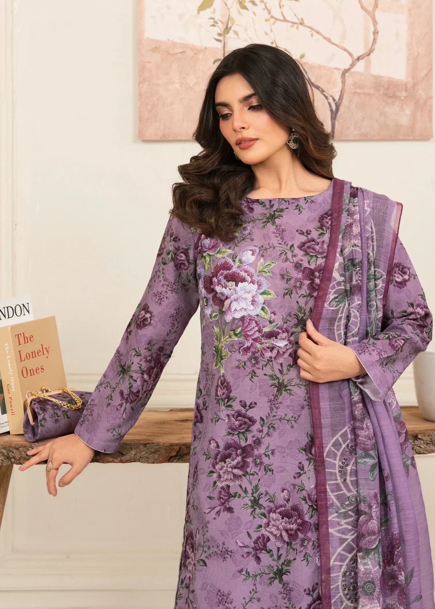 textured lawn Kurta Set in Lavender