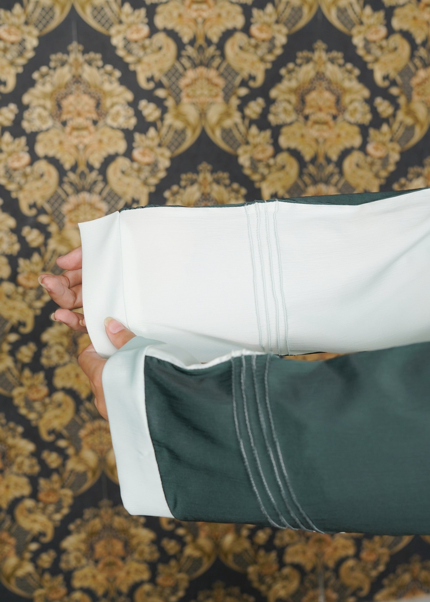 thai silk Abaya in Bottle green, white