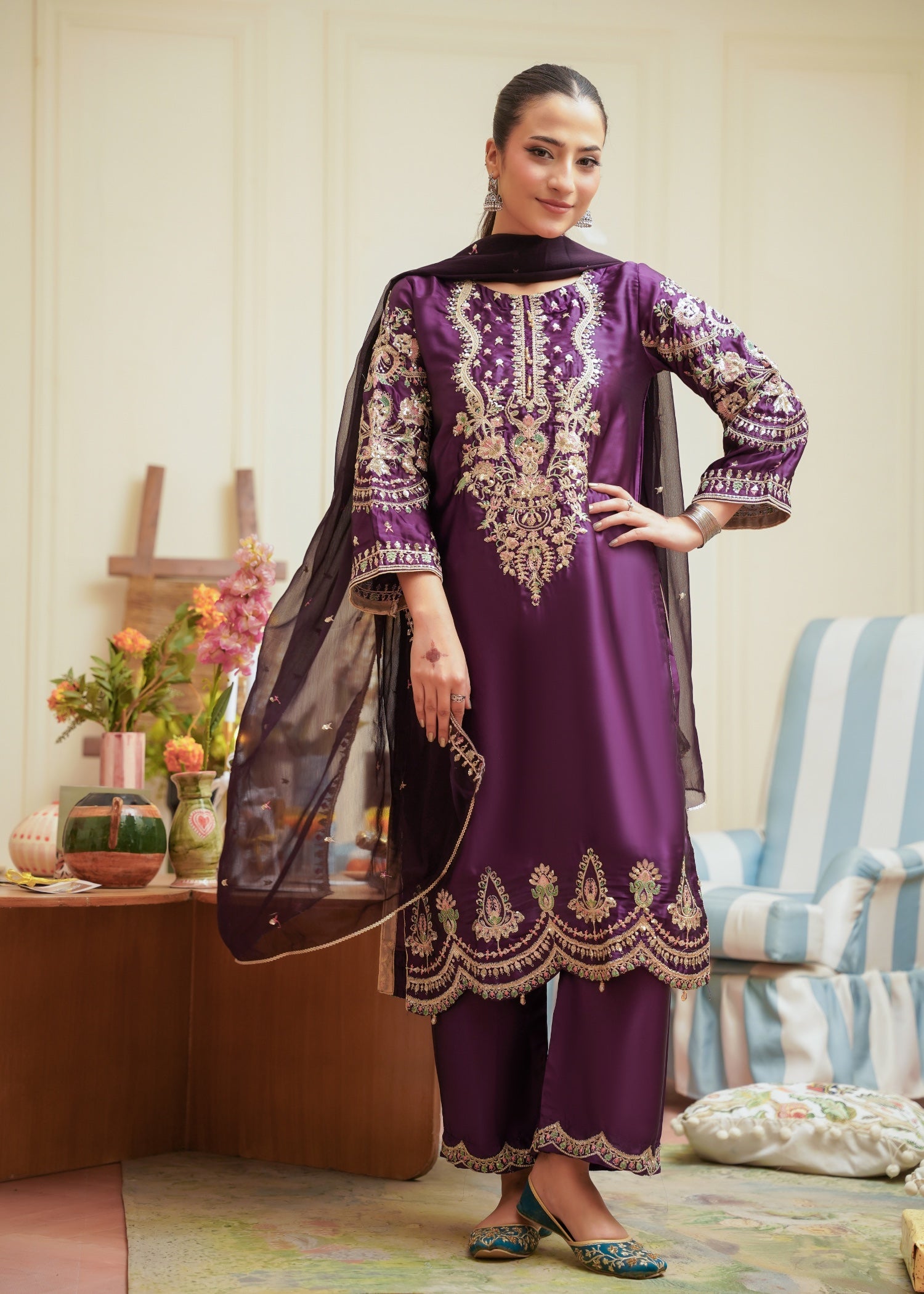 silk Kurta Set in Plum