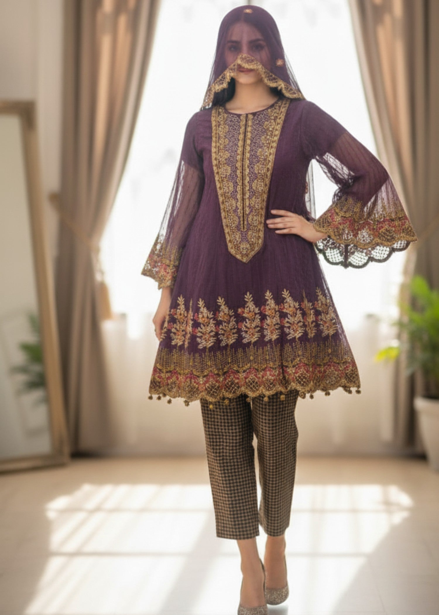 organza net Short Frock in Purple