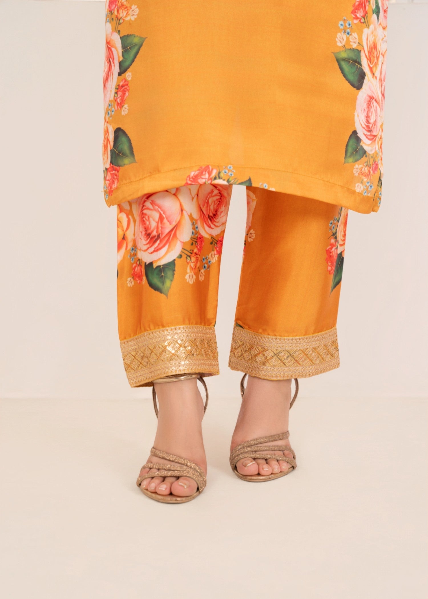 silk charmeuse Kurta Set in Yellow-orange