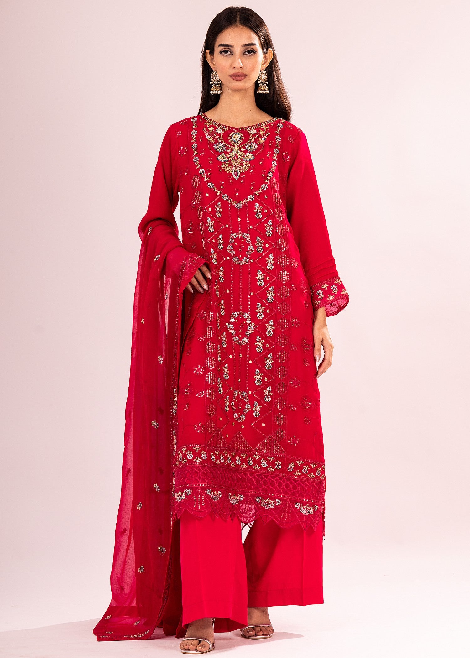 bemberg crinkle chiffon Unstitched in Hot pink red