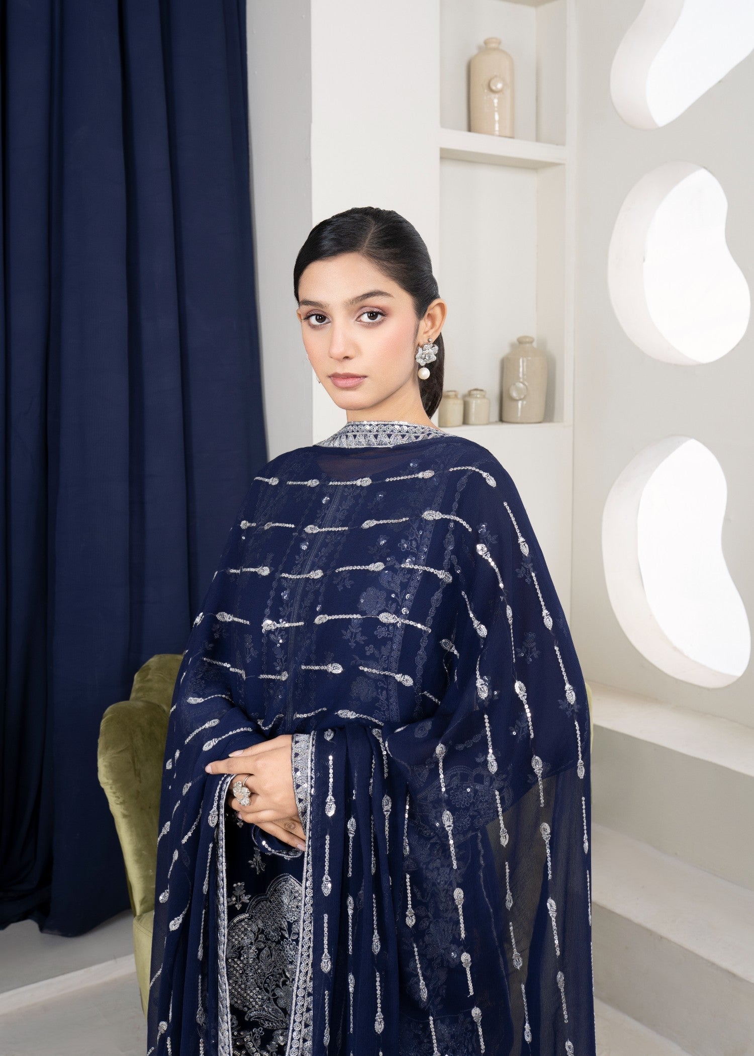chiffon Gharara in Navy blue
