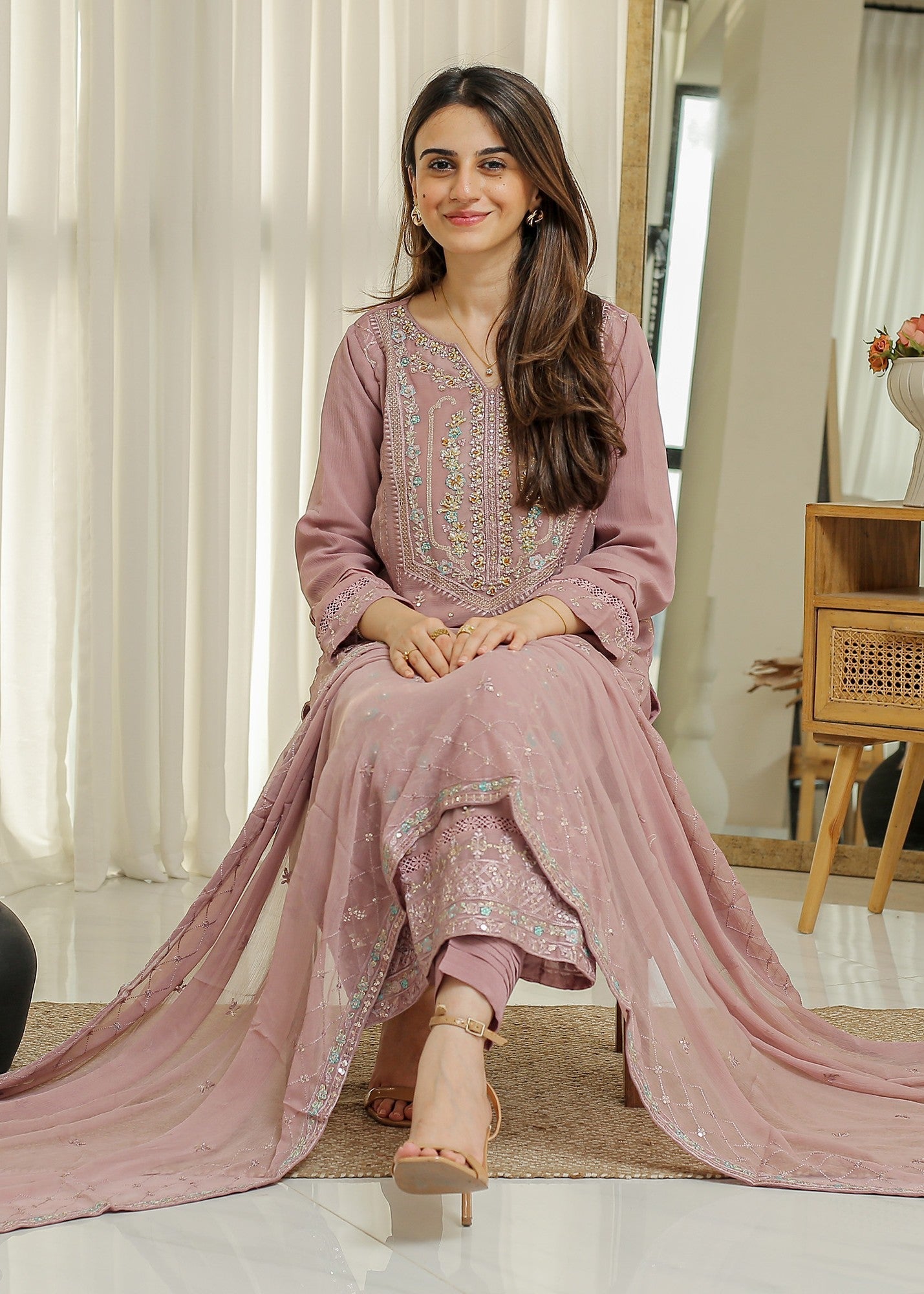 chiffon Co Ord Sets in Tea rose pink