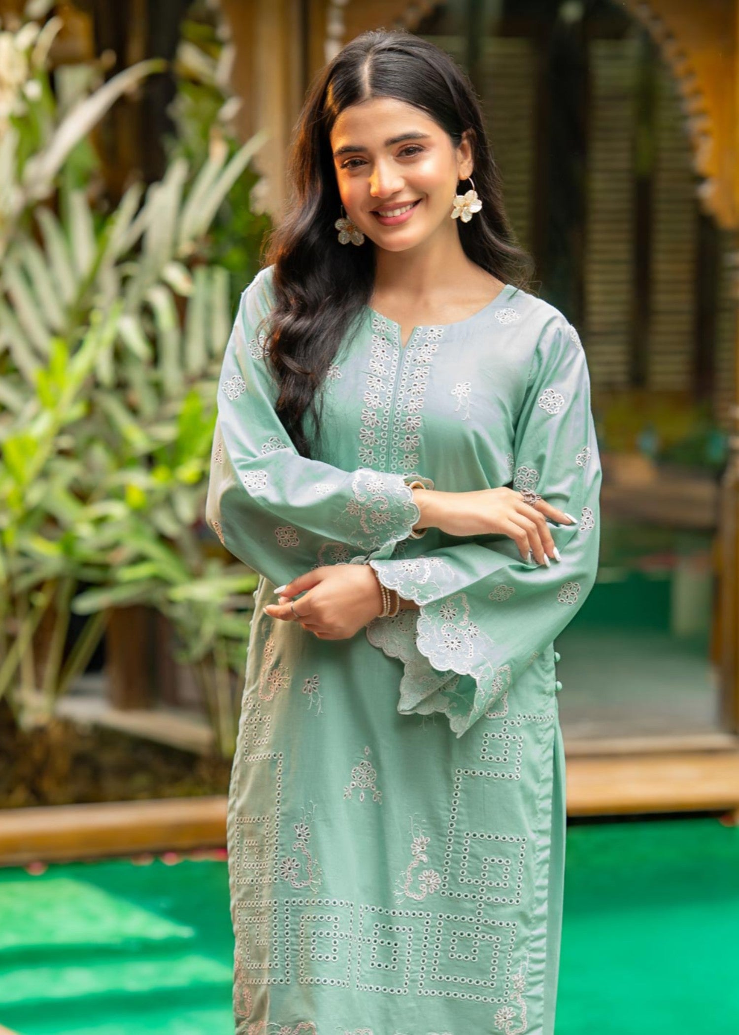 cambric Kurta Set in Pastel green