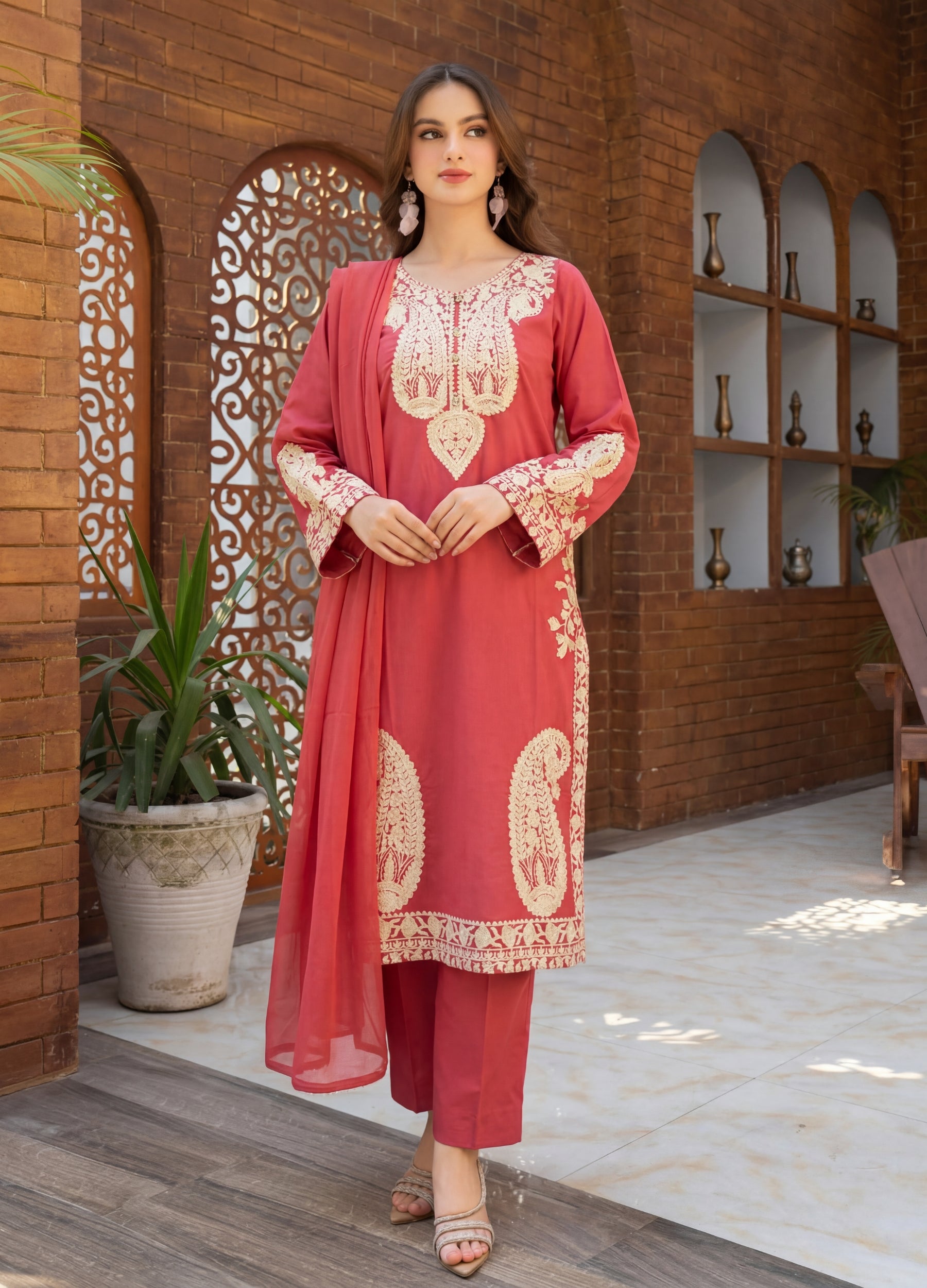 linen Kurta Set in Raspberry pink