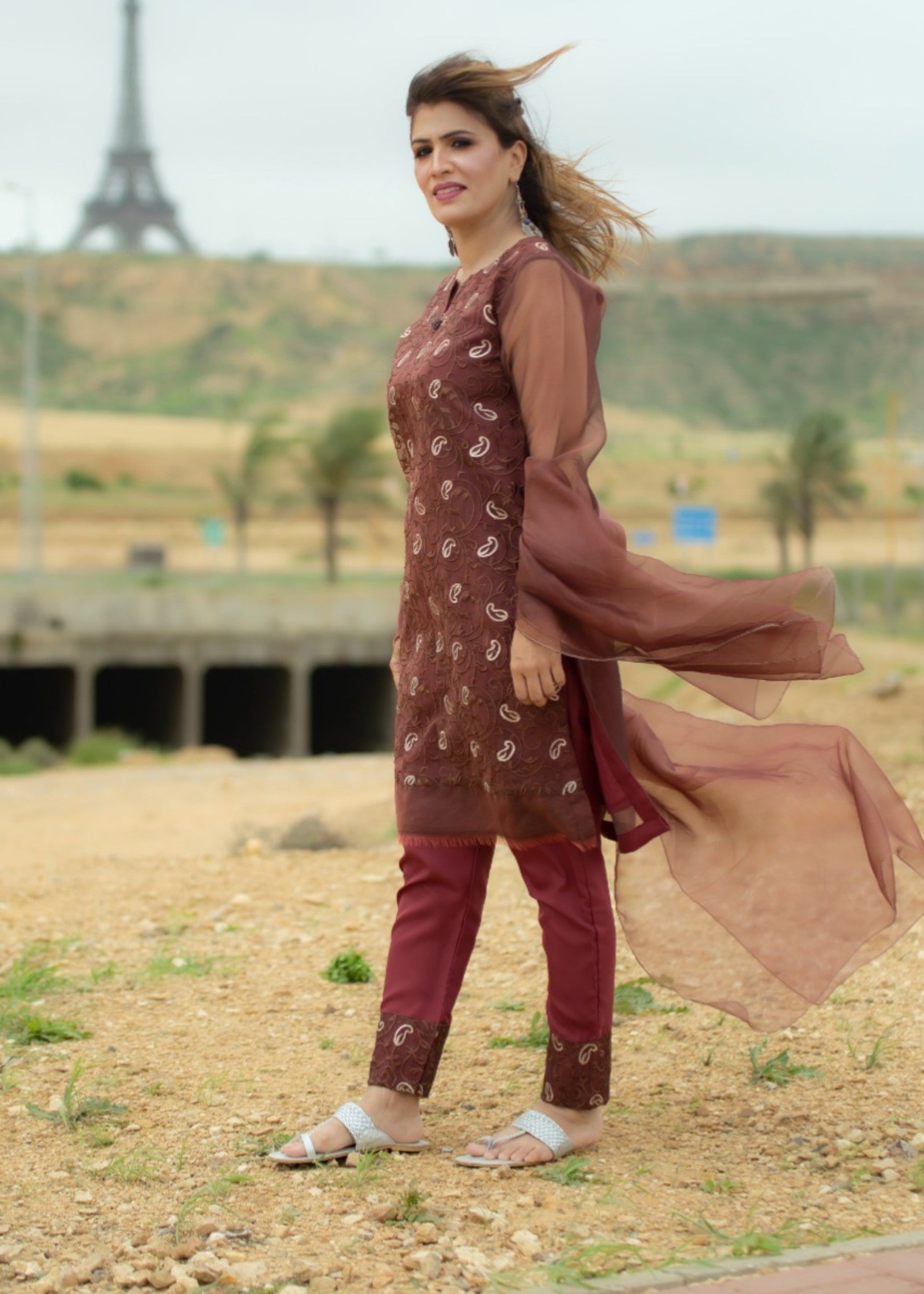 organza Kurta Set in Brown, maroon