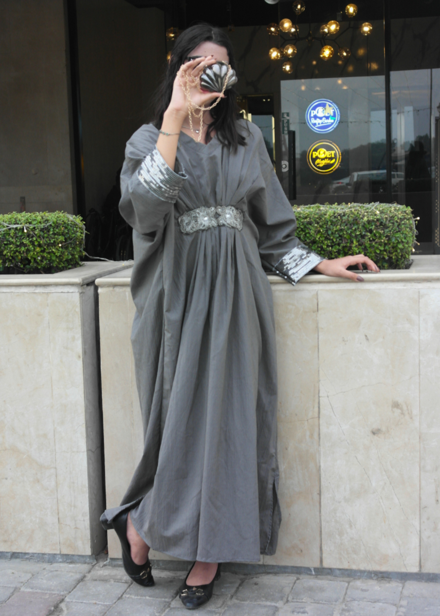 textured grip Kaftan in Steal grey